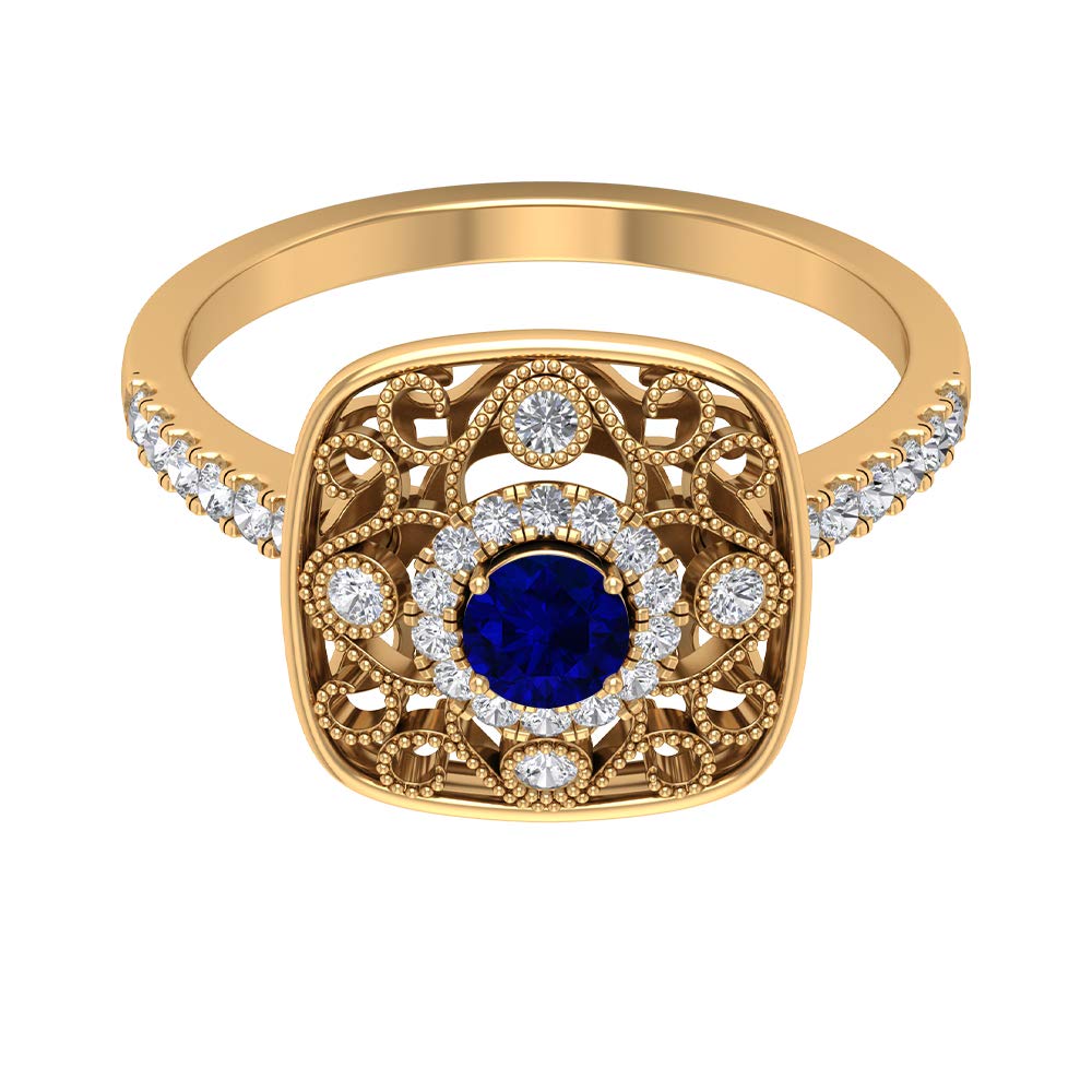 1 CT Blue Sapphire & Diamond Milgrain Vintage Engagement Ring in 14K Solid Gold – Elegant Wedding Band, Anniversary Gift & Unique Bridal Jewelry for Her