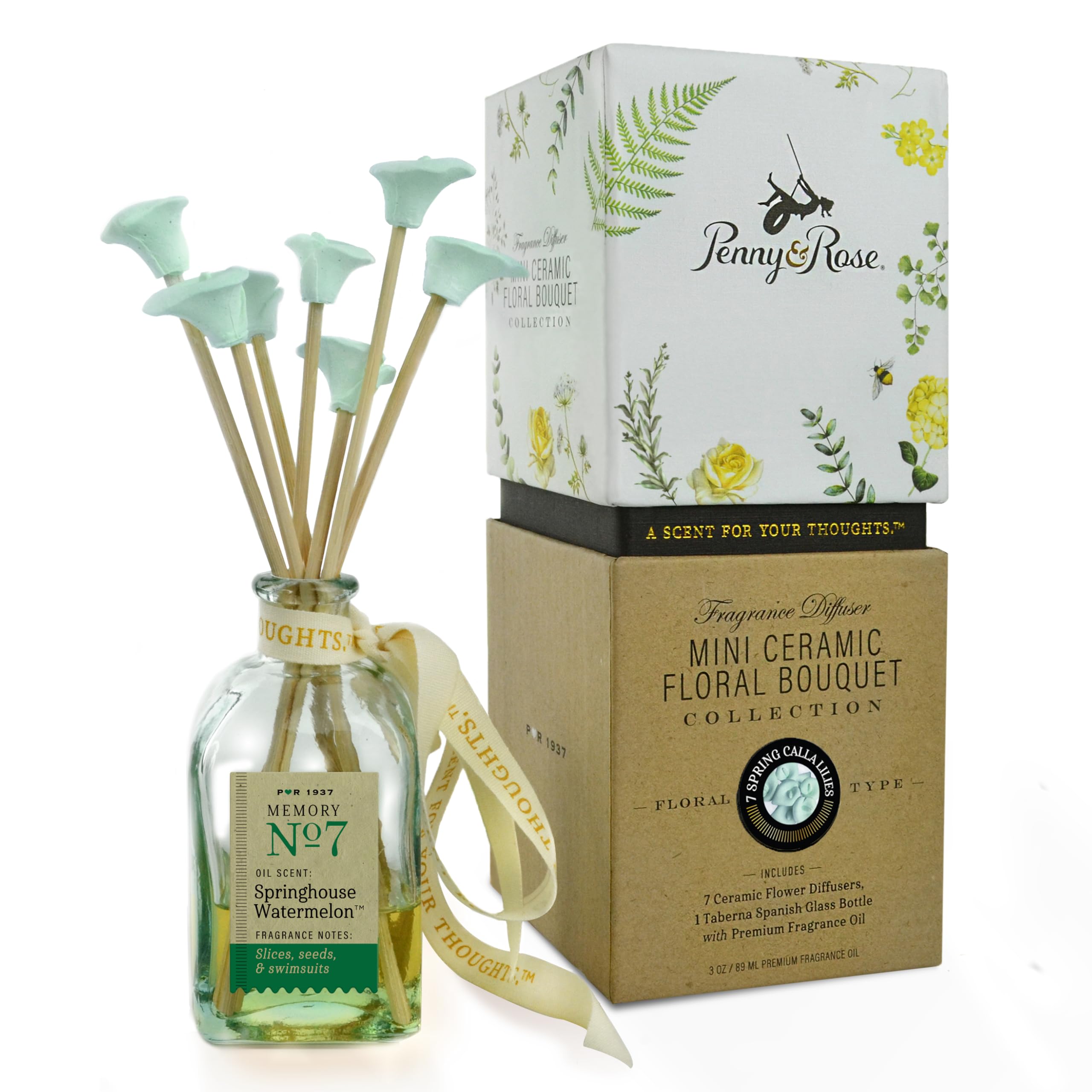 Penny & Rose Ceramic Calla Lily Essential Oil Diffuser with Springhouse Watermelon Scent - Aromatherapy for Home, Office, Yoga & Spa Relaxation