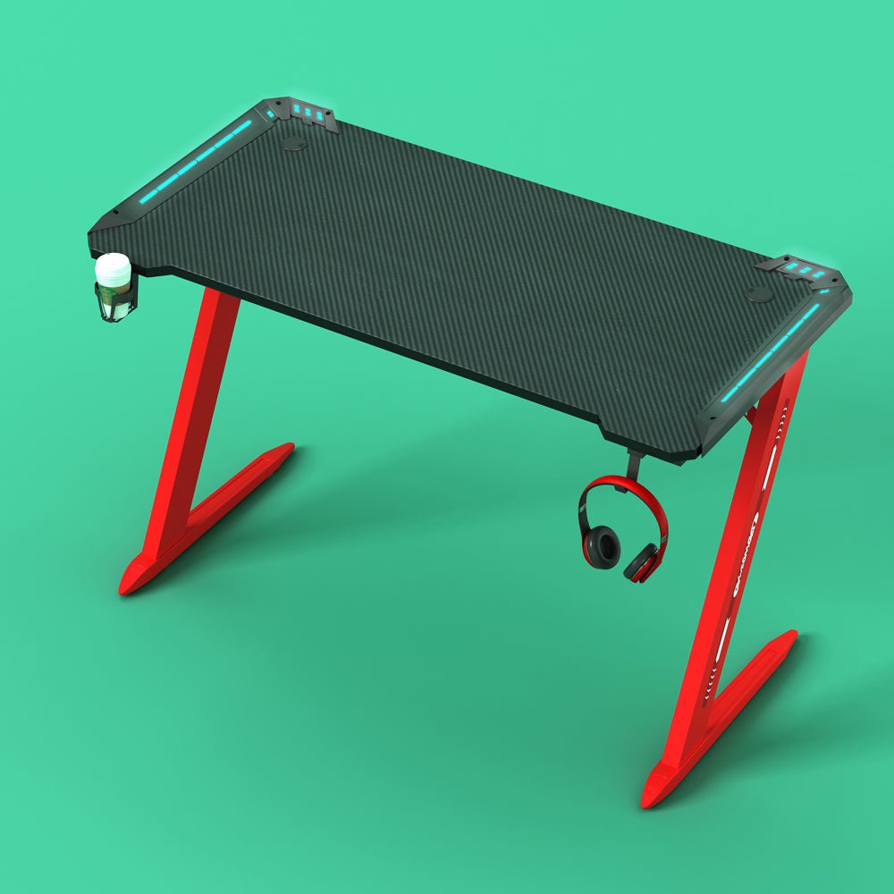 140cm RGB Gaming Desk with LED Lights - Carbon Fiber Z-Shaped Design for Home Office & PC Gaming - Perfect for Esports, Streaming & Workstations