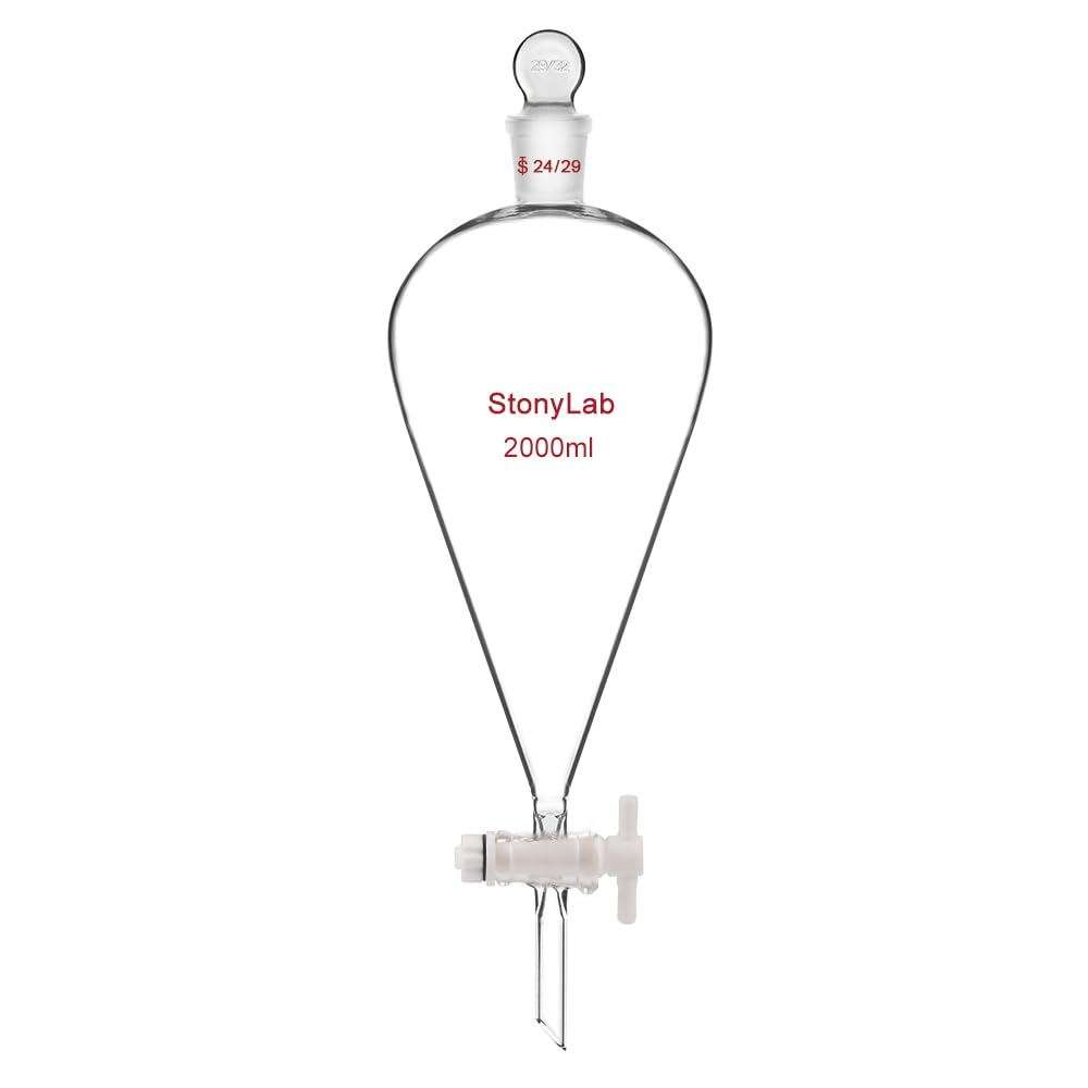 StonyLab 2L PTFE Stopcock Borosilicate Glass Heavy Wall Separatory Funnel with 24/29 Joint - Conical Pear-Shaped Lab Funnel for Chemical Separation, Liquid Extraction & Laboratory Experiments