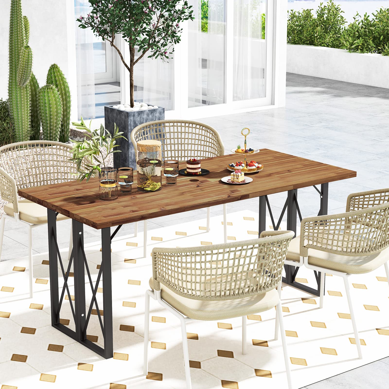 Tangkula 67 Inch Acacia Wood Outdoor Dining Table with Umbrella Hole - Heavy-Duty Metal Frame Patio Table for 6 - Perfect for Backyard BBQ, Garden Parties & Indoor Outdoor Entertaining