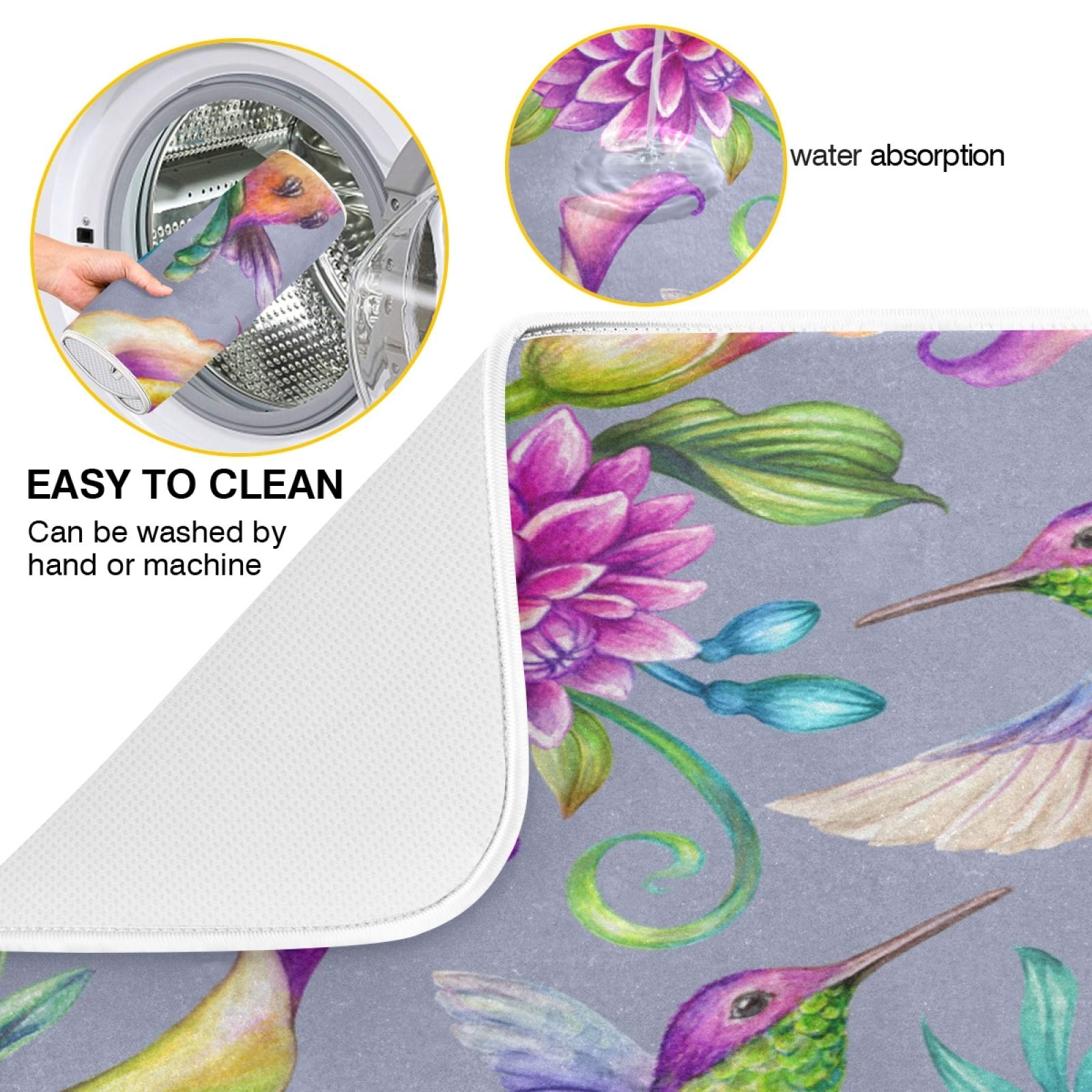 Hummingbird Print Polyester Dish Drying Mat - 24x18 Inch Absorbent Kitchen Counter Mat with Hanging Loop | Perfect for Drying Dishes, Protecting Countertops & Adding Decorative Touch to Your Kitchen