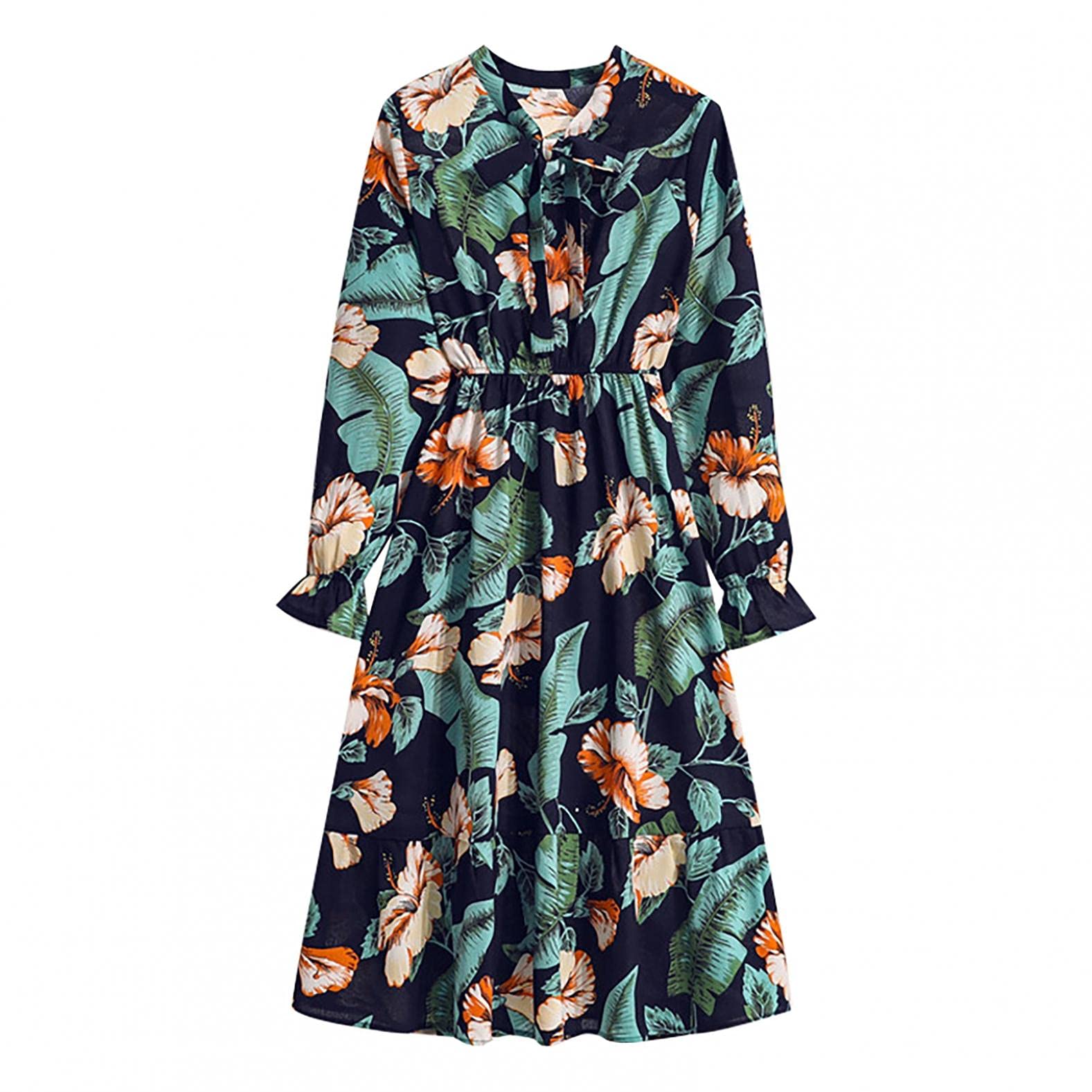 GGOGO Women's Casual Long Sleeve Midi Dress with Bow Knot & Elastic Waist - Slim Fit Flattering Bottoming Dress for Work, Date Night & Fall Outfits