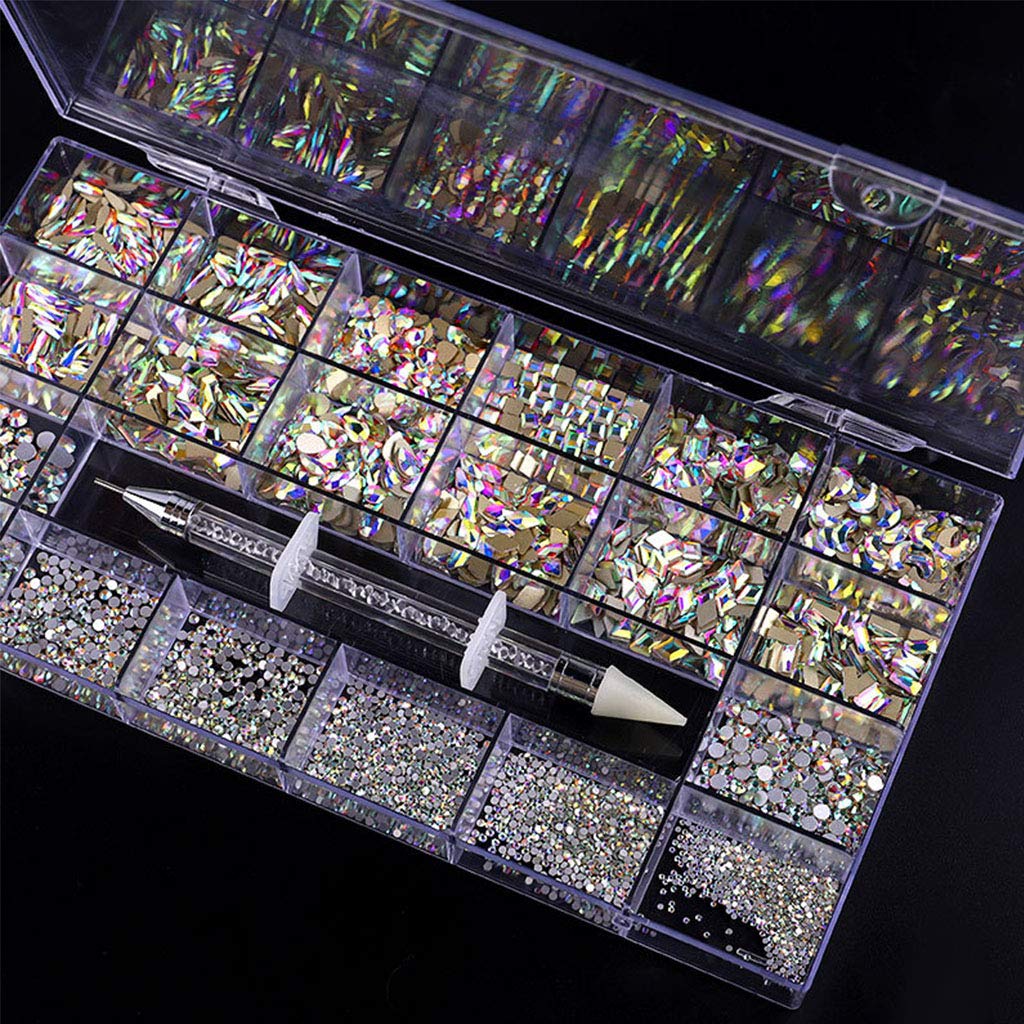 Professional Nail Art Rhinestones Kit - 3100pcs Multi-Shaped Glass Crystal AB Rhinestones for Nail Art & Crafts (Non-Hotfix Flatback Gems) | Perfect for DIY Manicures, Salon Nail Designs & 3D Nail Decorations