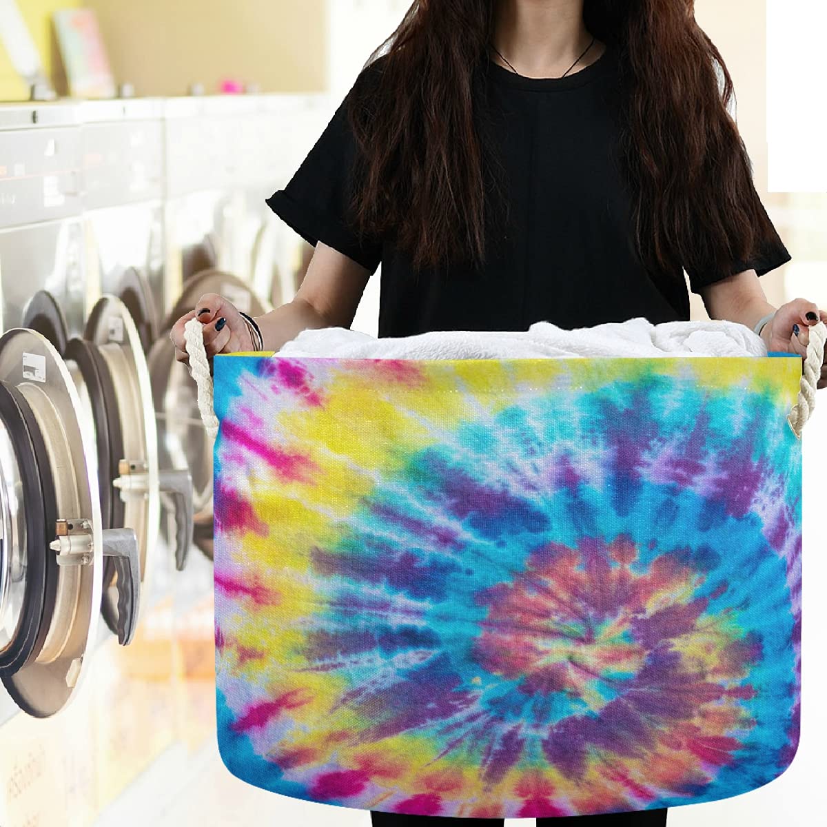 Visesunny Collapsible Fabric Laundry Basket with Tie Dye Swirl Design - Foldable Storage Bin for Clothes, Toys & Organizing - Perfect for Bathroom, Bedroom, Nursery, Closet & Office Organization