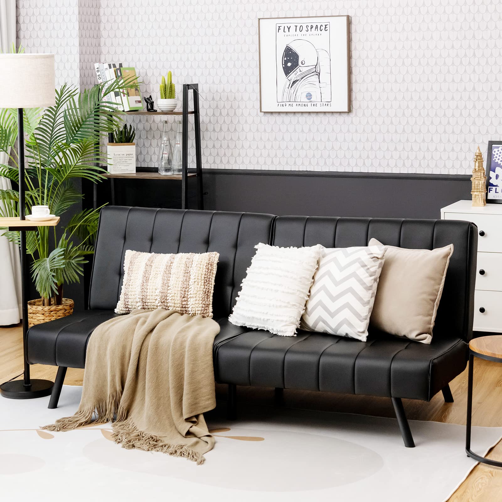 Powerstone Black Leather Futon Sofa Bed - Convertible Sleeper Couch for Small Spaces, Modern Sectional Sofa for Living Room & Guest Room - Perfect for Apartments, Dorms and Studio Homes