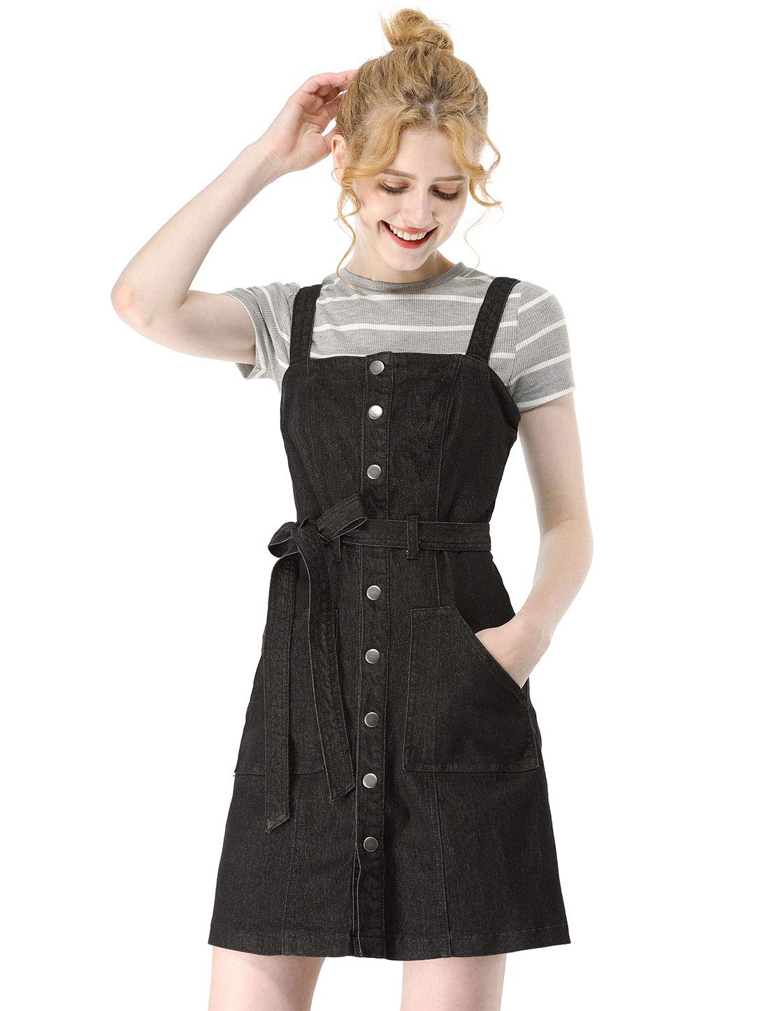 Allegra K Women's Classic Denim Pinafore Dress with Adjustable Straps - Vintage Overalls Style Jean Dress for Casual Outings, Brunch & Spring Fashion