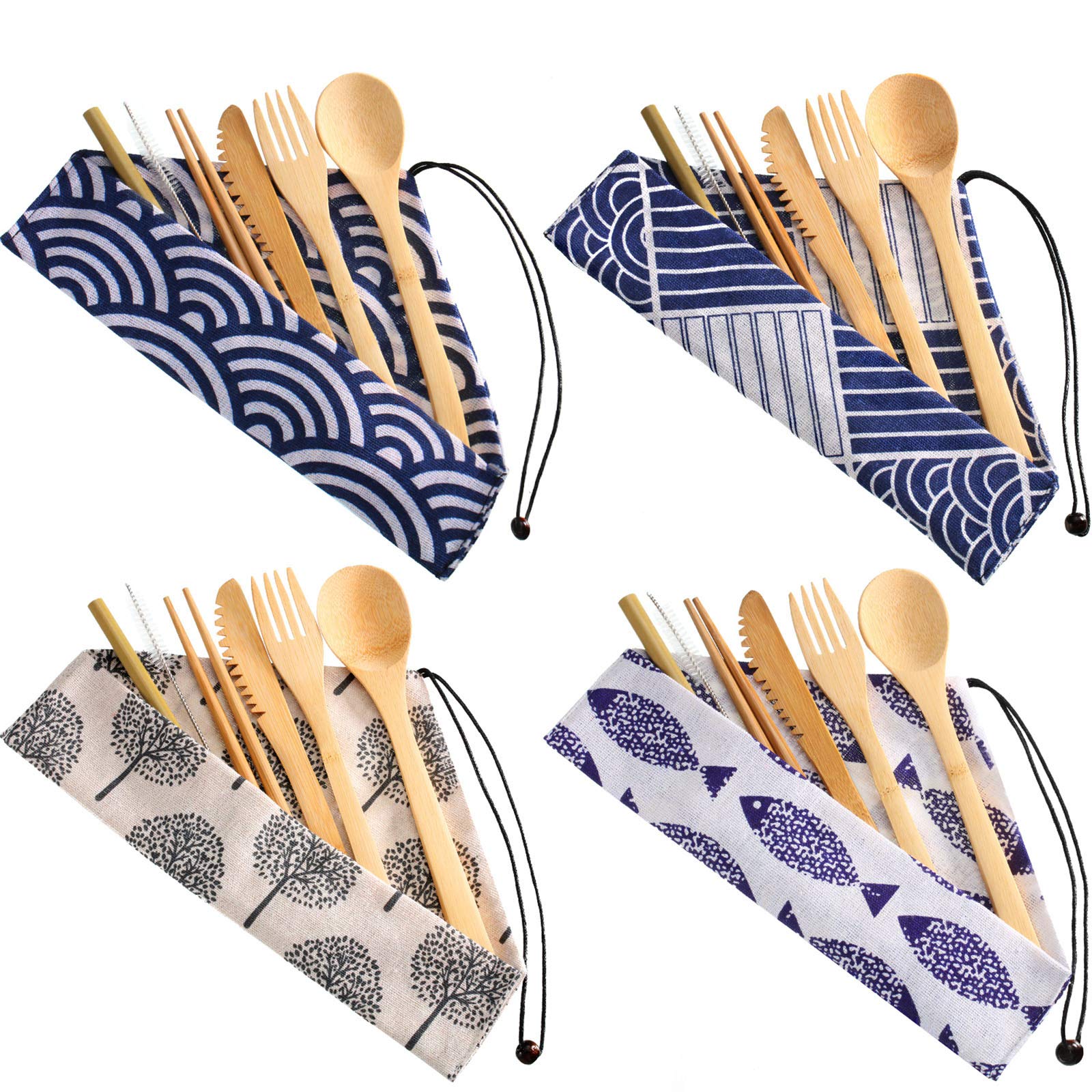 Eco-Friendly 4-Piece Bamboo Travel Utensil Set - Reusable Fork, Knife, Spoon, Chopsticks & Straw with Cleaning Brush | Perfect for Travel, Camping, Picnic, Office & School Lunch | Sustainable Dining Solution