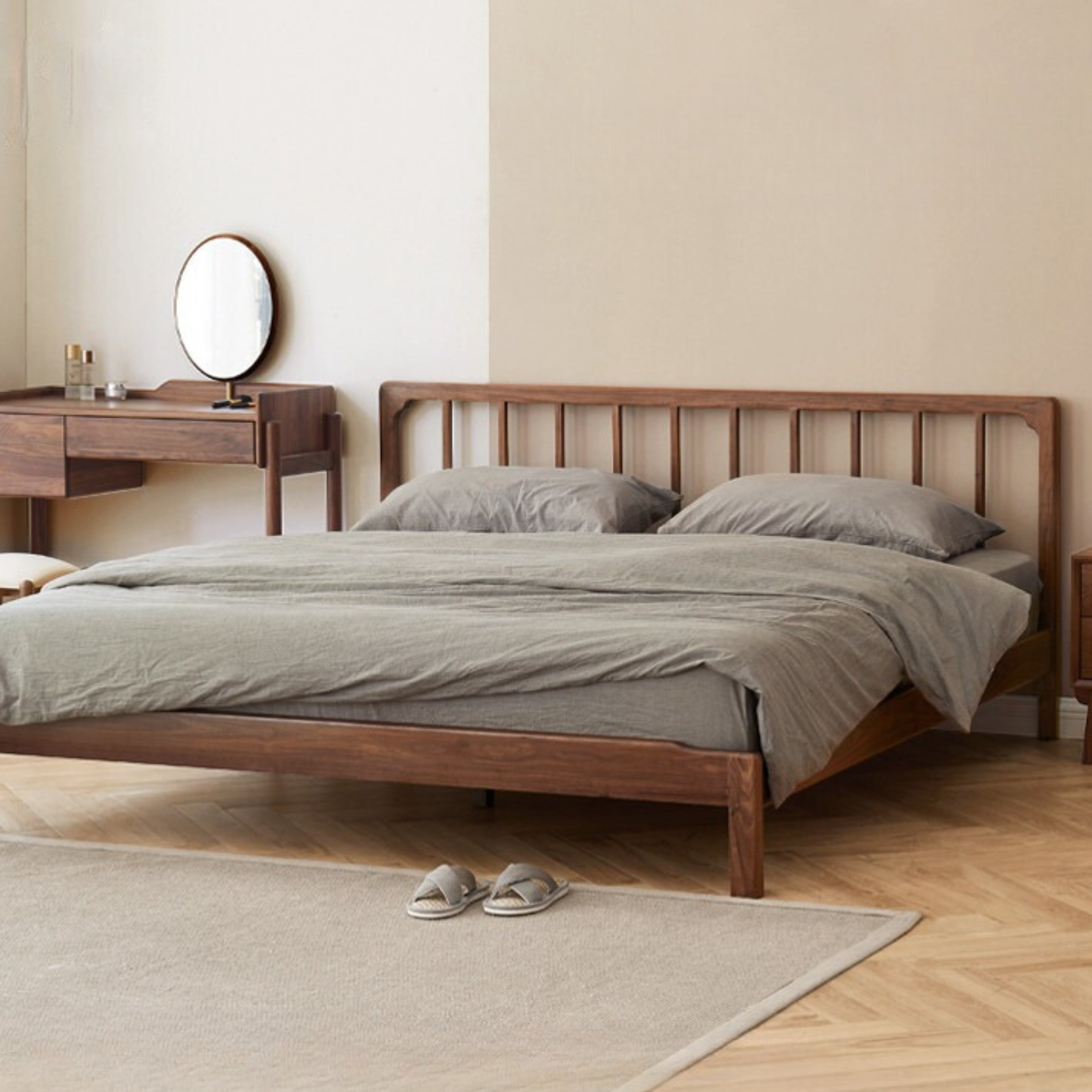 Premium Black Walnut Solid Wood Bed Frame - Scandinavian Minimalist Design Queen Size Bedroom Furniture for Modern Home Decor | Perfect for Master Bedroom, Guest Room & Airbnb Stays