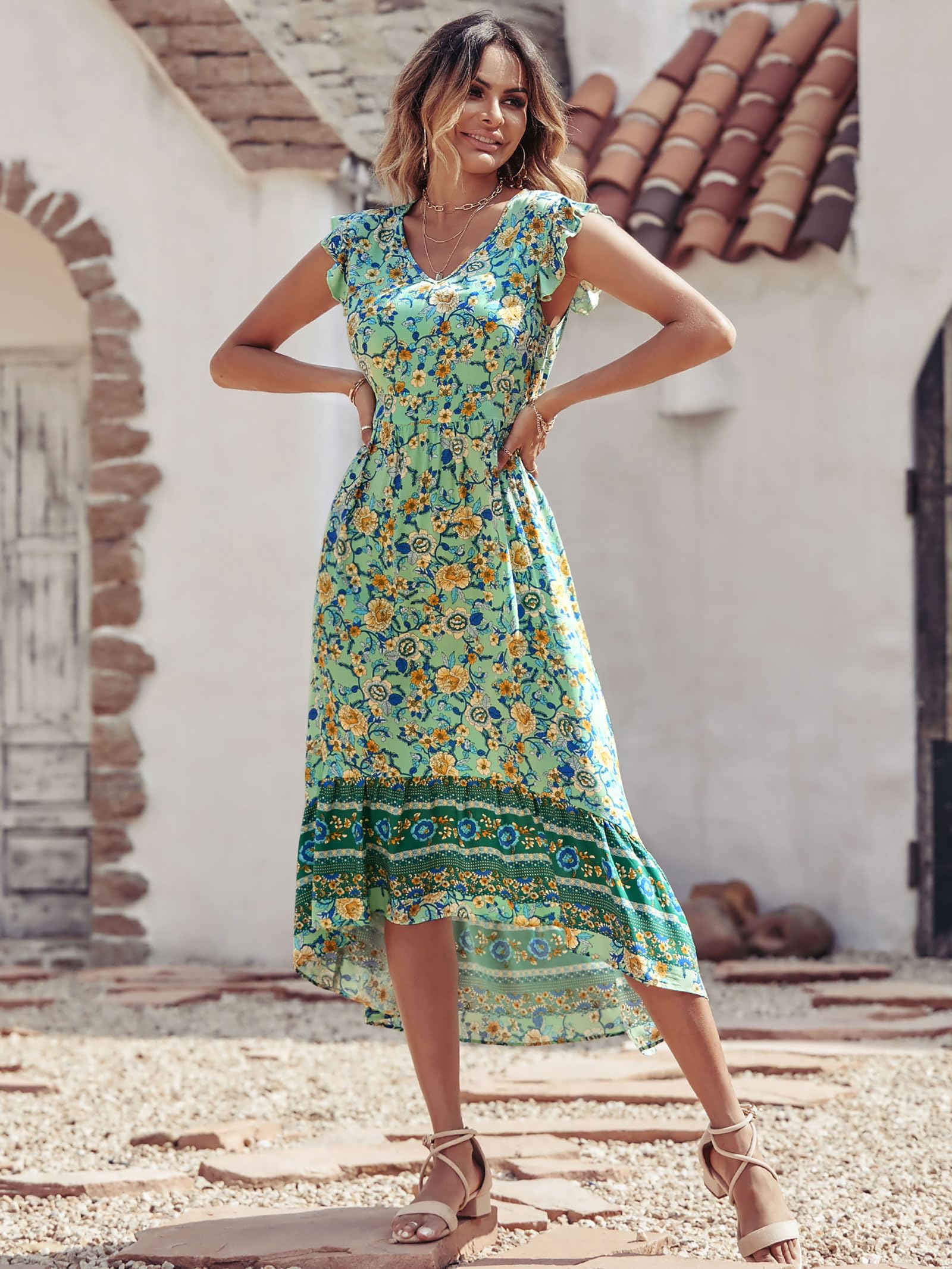 PRETTYGARDEN Women's Summer Maxi Dress 2025 - Floral Print V-Neck Boho Beach Dress with Cap Sleeves, Flowy High-Low Hem in Green & Yellow | Perfect for Vacations, Beach Parties and Casual Outings
