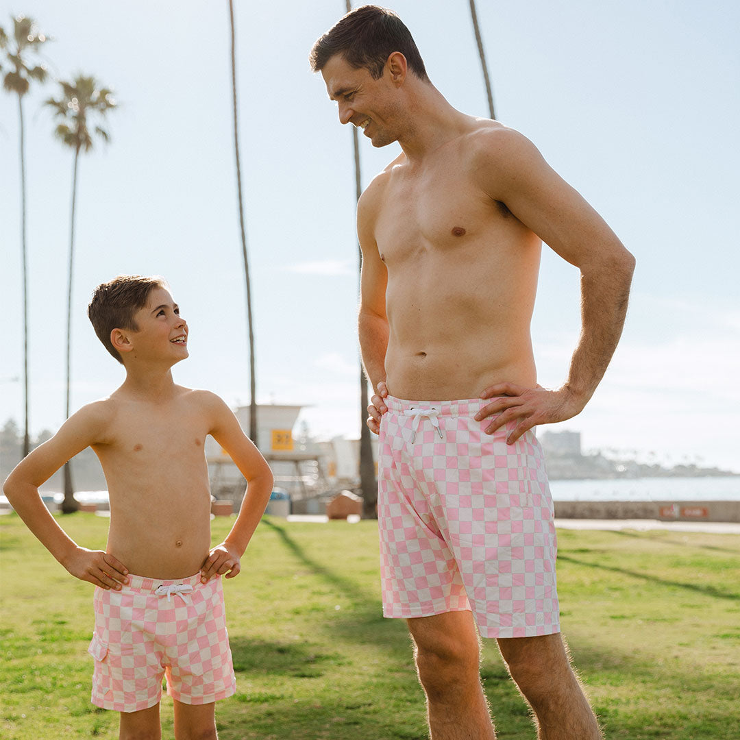 Stylish Pink Check Wind and Sea Shorts for Men & Women - Perfect for Beach, Surfing & Summer Outfits