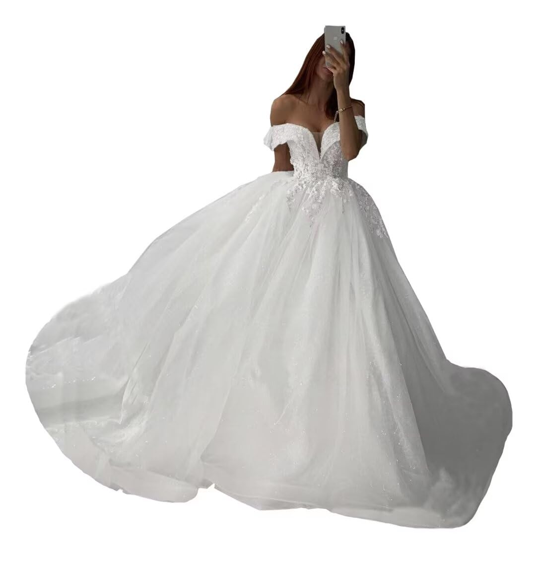 Elegant Off-Shoulder Princess Lace Wedding Ball Gown with Sweetheart Neckline & Long Train - Perfect for Bridal Ceremonies, Formal Events & Fairy-Tale Weddings