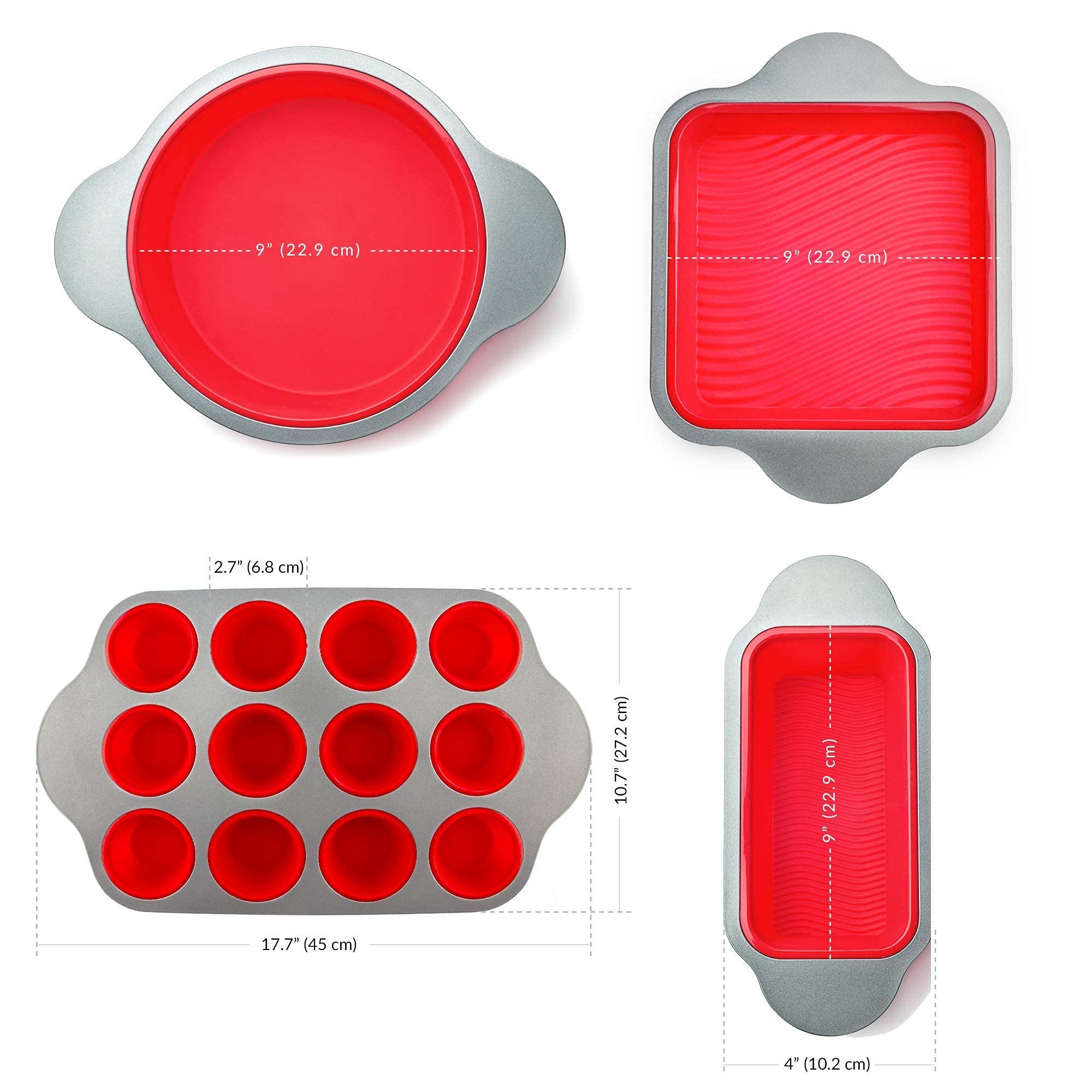 Boxiki Kitchen 13-Piece Non-Stick Silicone Baking Set - Cake Pan, Brownie Pan, Loaf Pan, Muffin Mold with Spatulas, Brush & Measuring Spoons | Oven, Freezer & Dishwasher Safe | Perfect for Baking Cakes, Cookies, Bread & More at Home