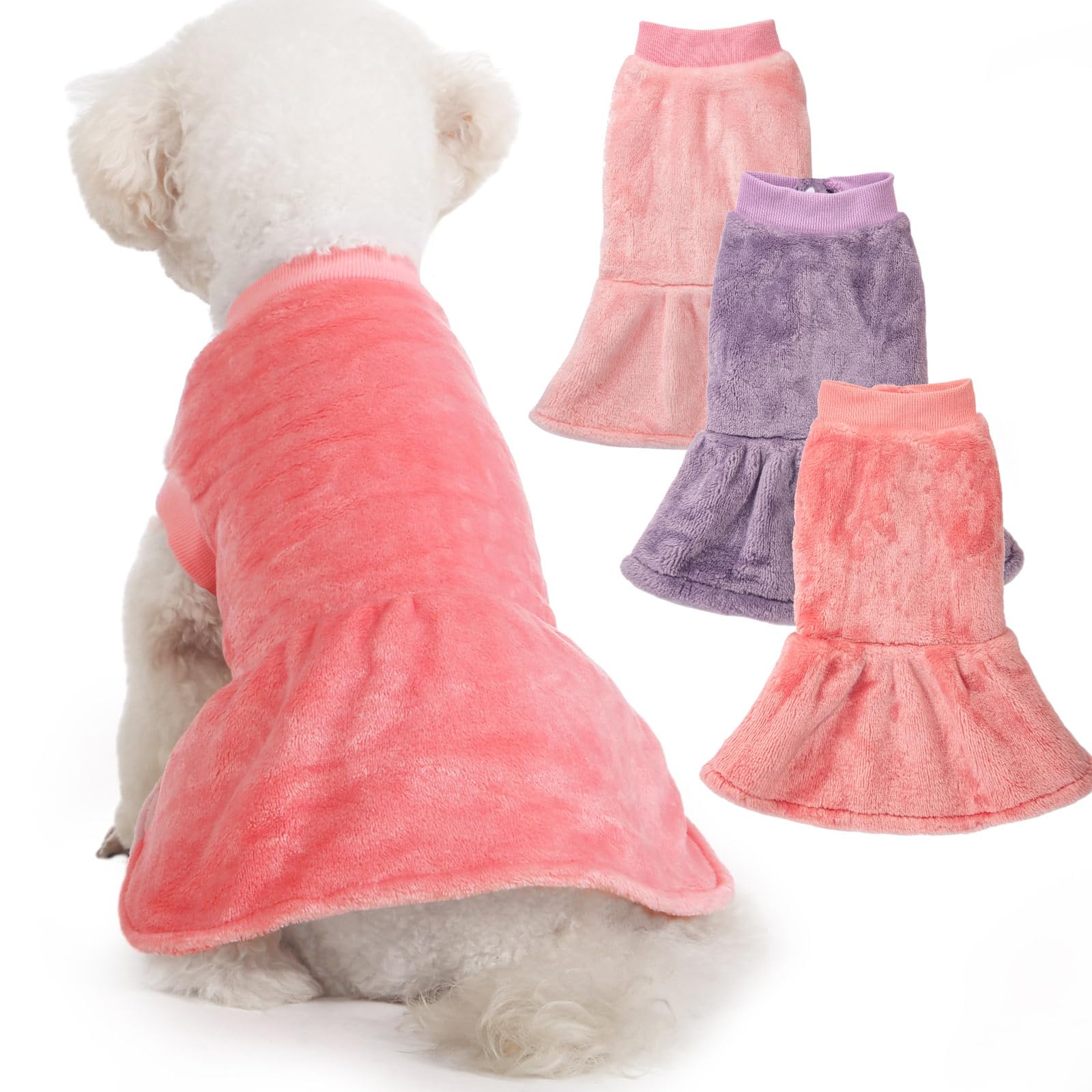 FabriCastle 3-Pack Dog Sweater & Dress Set - Ultra Soft Warm Pet Clothes for Small Medium Dogs - Cute Pink Violet Rosepink Outfits for Puppy Fashion & Winter Protection