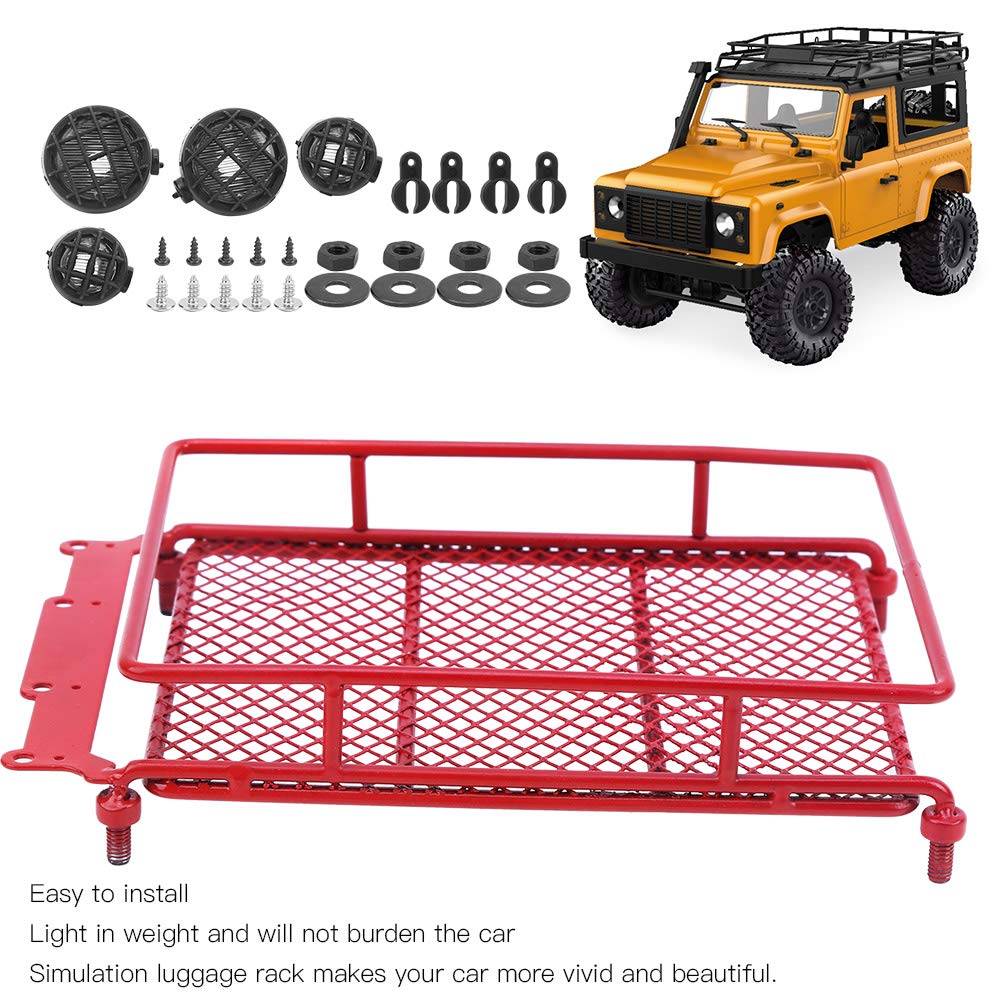 1/10 Scale RC Car Roof Rack with Remote Control & LED Spotlights - Heavy Duty Carrier Tray Accessory for Crawler Trucks (Red) | Perfect for Off-Road Adventures & RC Car Upgrades