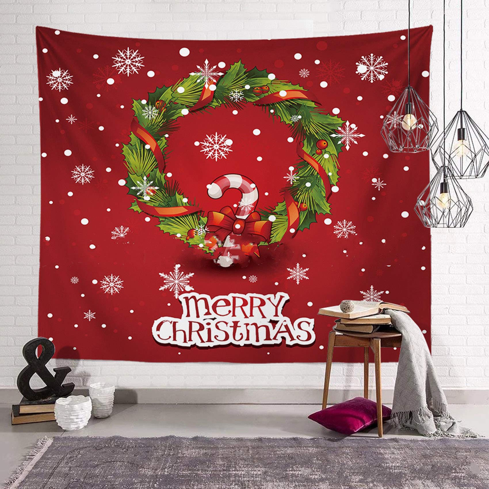 LB Christmas Wall Tapestry - 80x60 Inch Winter Holiday Decor with Wreath & Snowflake Design - Red Xmas Wall Hanging Art for Bedroom, Living Room, Dorm Decor - Perfect for Holiday Parties, Gift Giving & Seasonal Home Decoration
