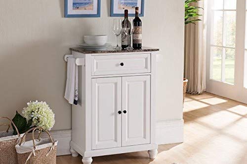 Kings Brand White Kitchen Island Storage Cabinet with Marble Finish Top - Perfect for Small Kitchens, Dining Areas & Home Organization