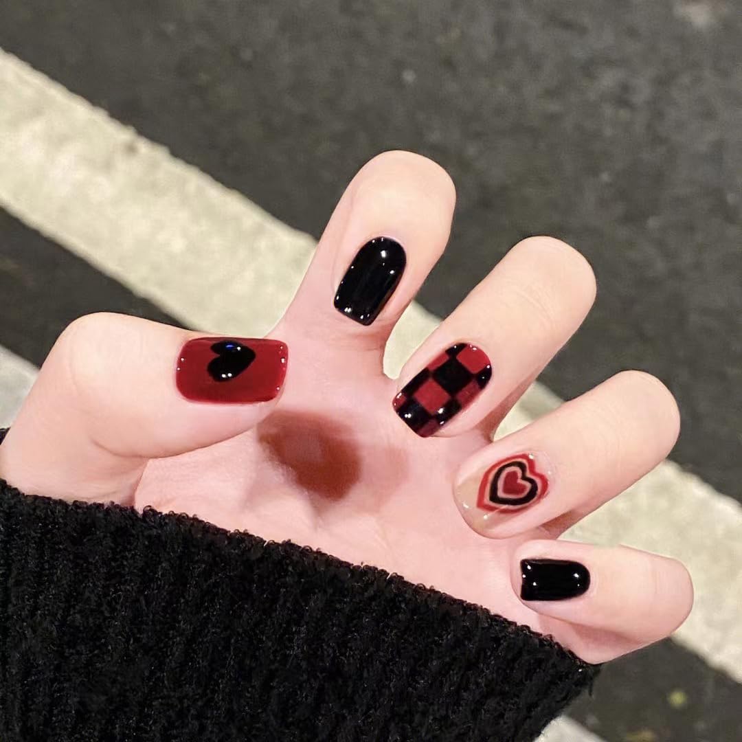 Short Square Press On Nails - Acrylic Goth Nails with Sexy Red & Black Plaid Heart Design - 24pcs Full Coverage Artificial Nails for Halloween, Cosplay & Night Out (Cardioid Lattice)