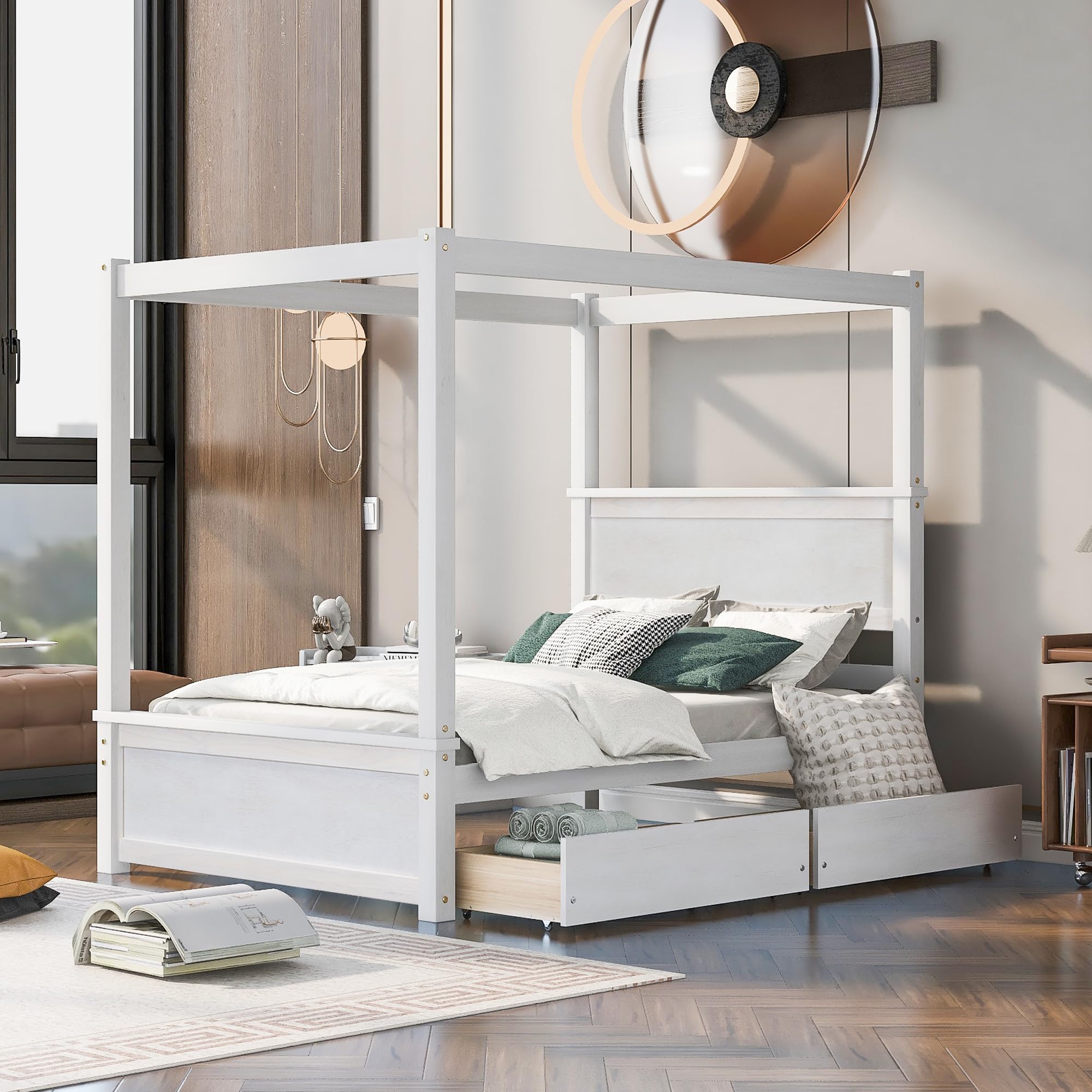 **Full Size Canopy Bed with 2 Storage Drawers & Headboard - Wooden Four Post Platform Bed in Brushed White - Perfect for Master Bedroom, Guest Room & Cozy Farmhouse Decor**