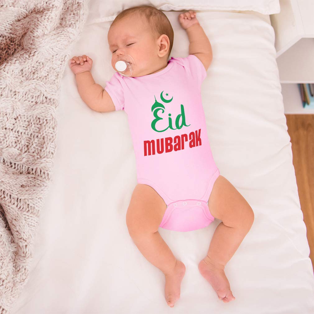 Eid Mubarak Baby Bodysuit - Arabic Cute Cotton Outfit for Boys & Girls (0-6 Months) - Light Blue Funny Design - Perfect for Eid Celebrations & Family Photos
