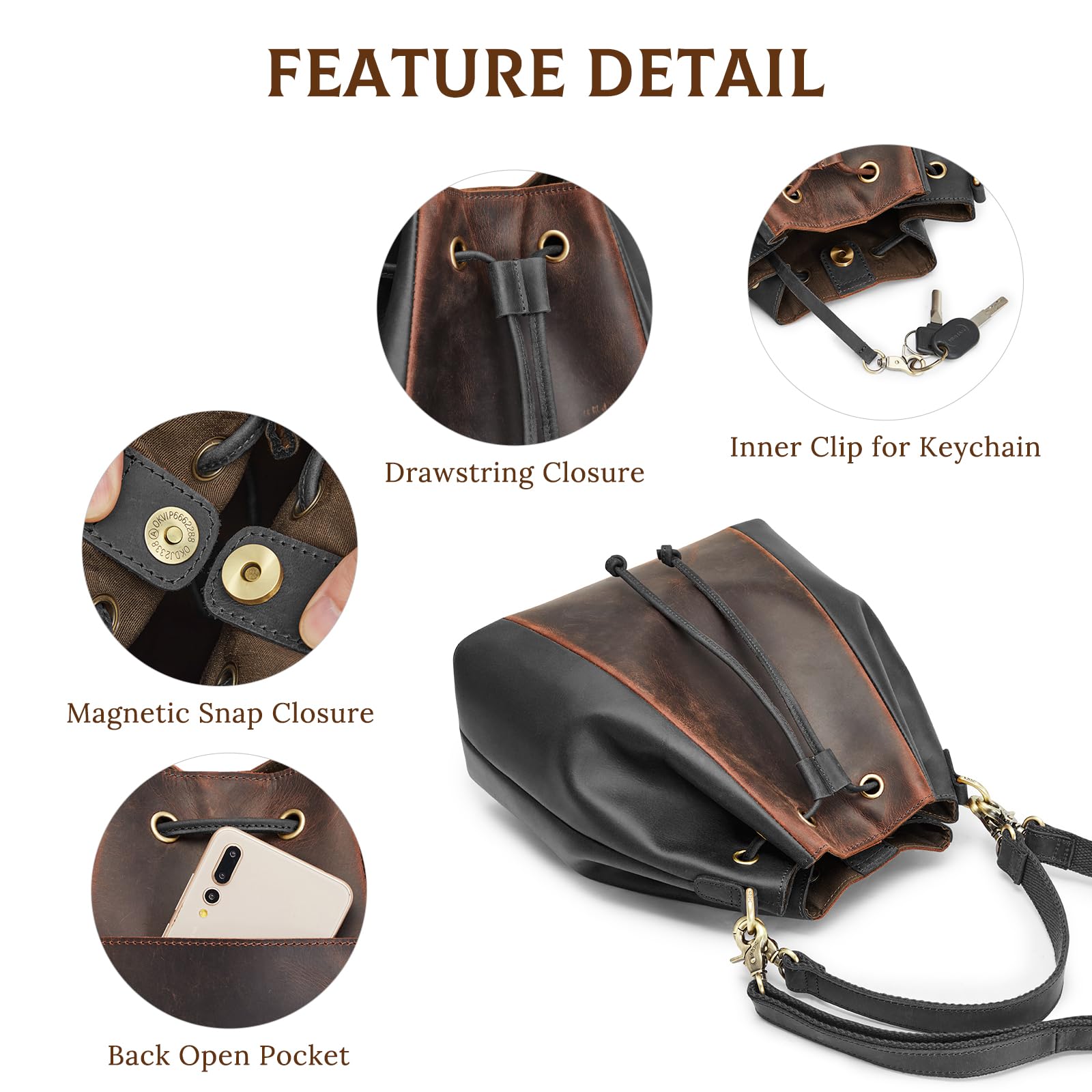 Genuine Leather Bucket Bags for Women - Drawstring Crossbody Purse with 2 Adjustable Straps, Top Handle Shoulder Bag | Perfect for Work, Travel & Everyday Use