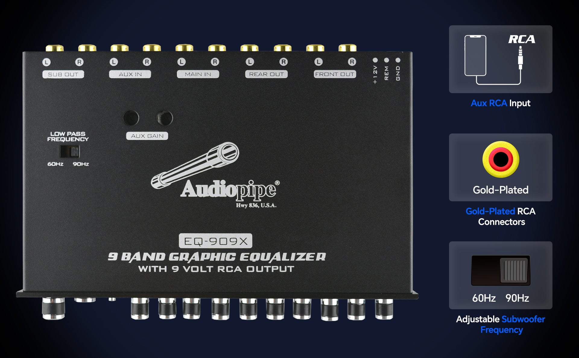Audiopipe EQ 909X 9 Band Car Audio Graphic Equalizer with 9V Line Driver - Perfect for Car Stereo Systems & Home Audio Setup