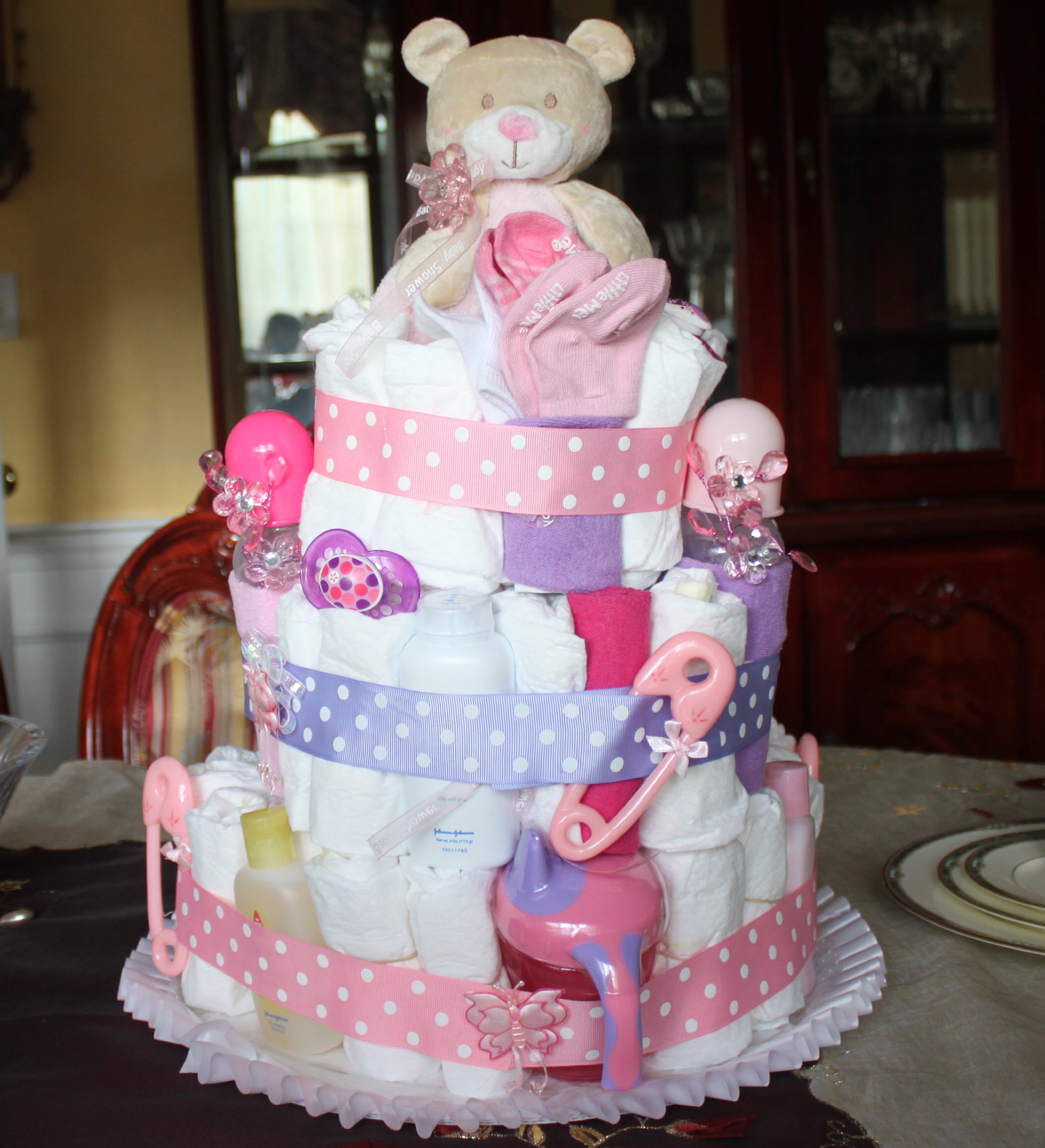 3-Tier Pink Baby Diaper Cake with Essential Newborn Girl Supplies - Perfect for Baby Showers, Gender Reveals & Nursery Decor