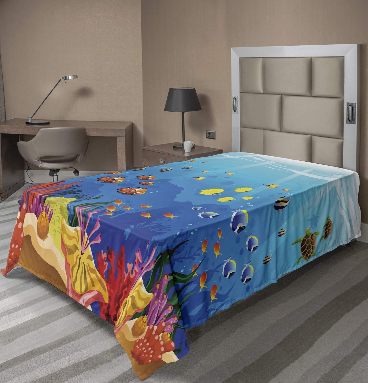 Lunarable Ocean Themed Flat Sheet - Twin Size Aqua Blue with Sea Life, Fish, Shells, Bubbles & Sunbeams Design | Soft Comfortable Nautical Cartoon Bedding for Kids & Adults | Perfect for Beach House Decor, Coastal Bedroom Theme or Underwater Nursery