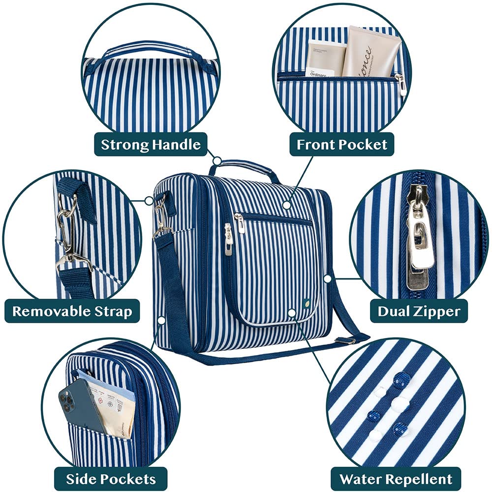 PAVILIA Extra Large Hanging Toiletry Bag for Women & Men - Waterproof Travel Cosmetic Organizer with Multiple Pockets for Makeup, Toiletries & Accessories - Perfect for Gym, Vacation & Business Trips (Stripe Navy)