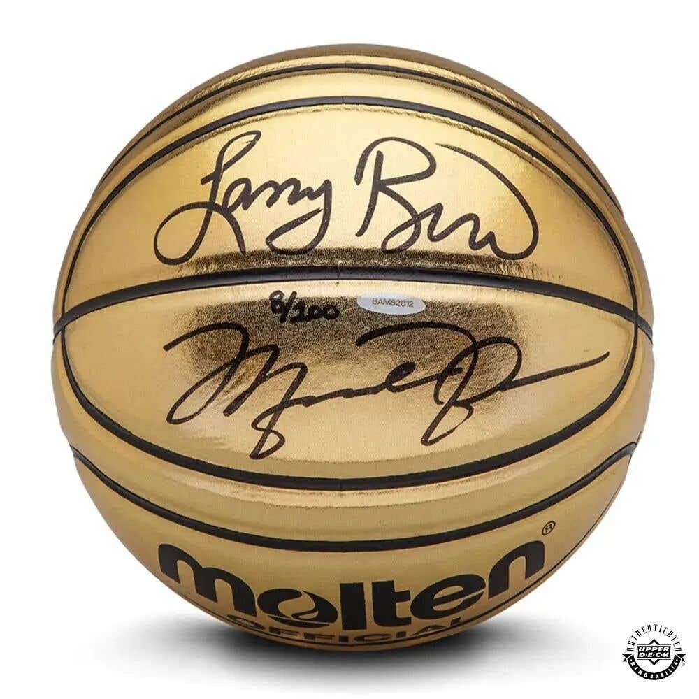 Michael Jordan & Larry Bird Autographed Molten Trophy Basketball - Upper Deck Certified - Collectible Signed NBA Memorabilia for Fans & Sports Enthusiasts - Perfect for Display, Gifts, and Investment