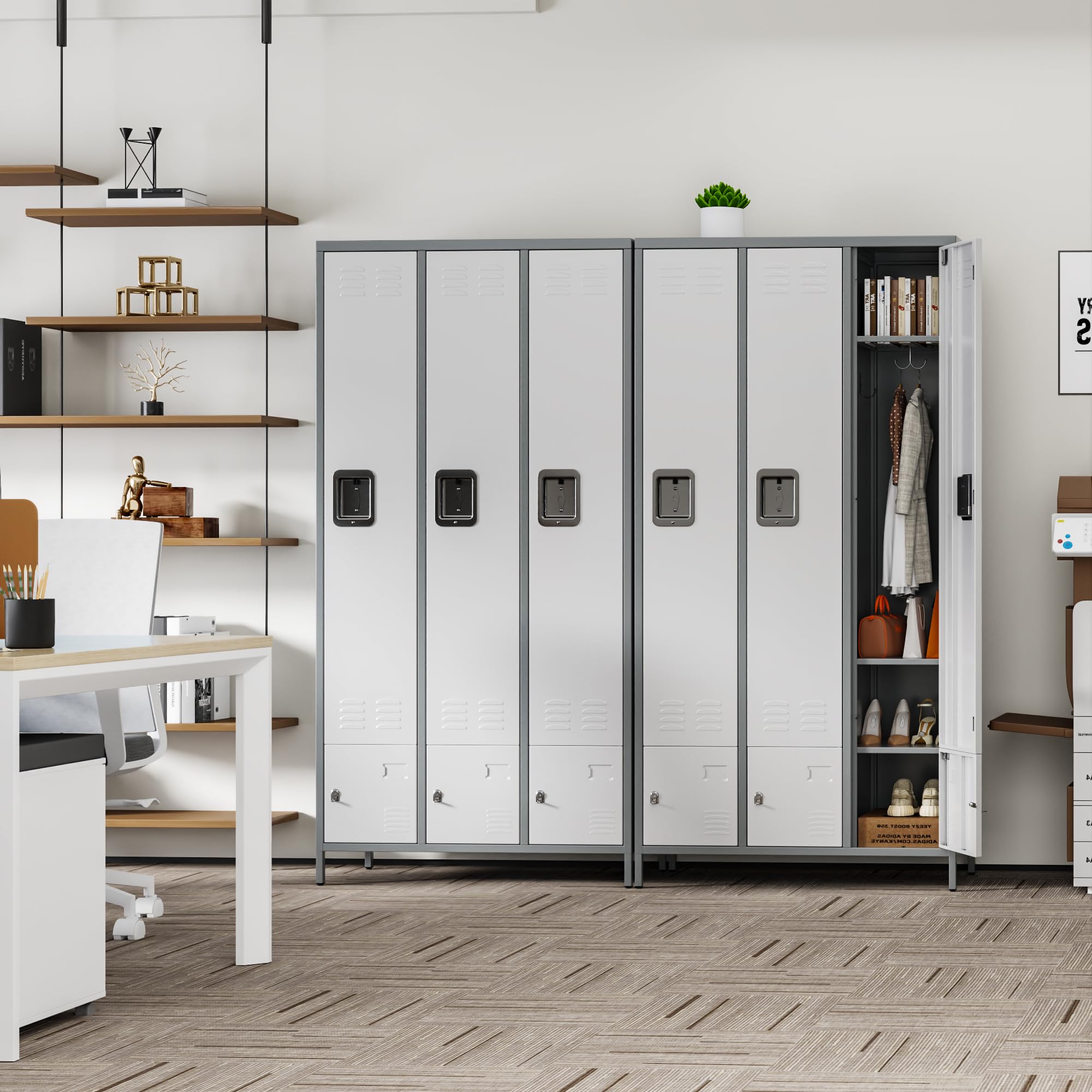 Aobabo Heavy Duty Metal Storage Locker with 9 Hooks - 6-Door Combination Lock Cabinet for Office, Gym, Bedroom & Dormitory (Grey & White) - Perfect for Employee Storage, Sports Gear Organization & School Locker Room - Assembly Required