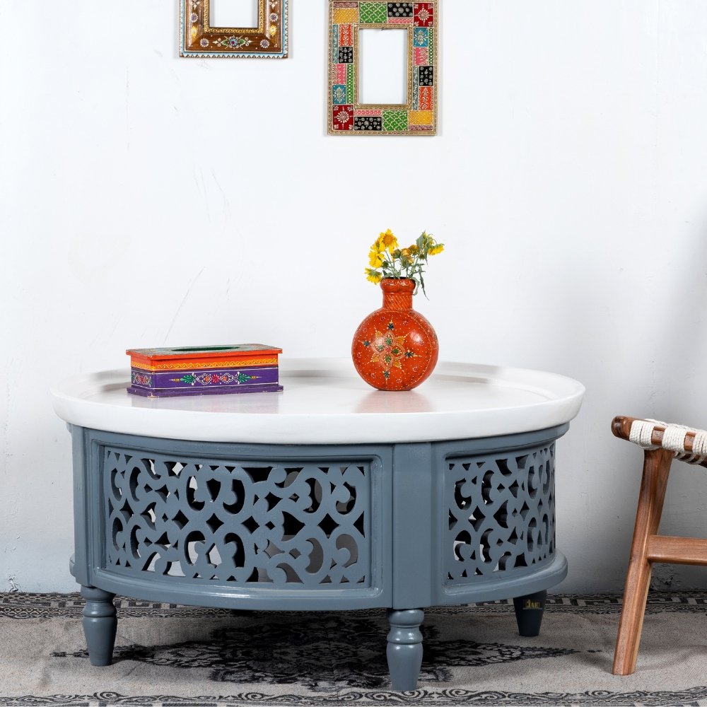 Handmade Carved Mango Wood Round Coffee Table with Intricate Jali Work - Natural Grey Finish - Rustic Boho Living Room Centerpiece for Home Decor