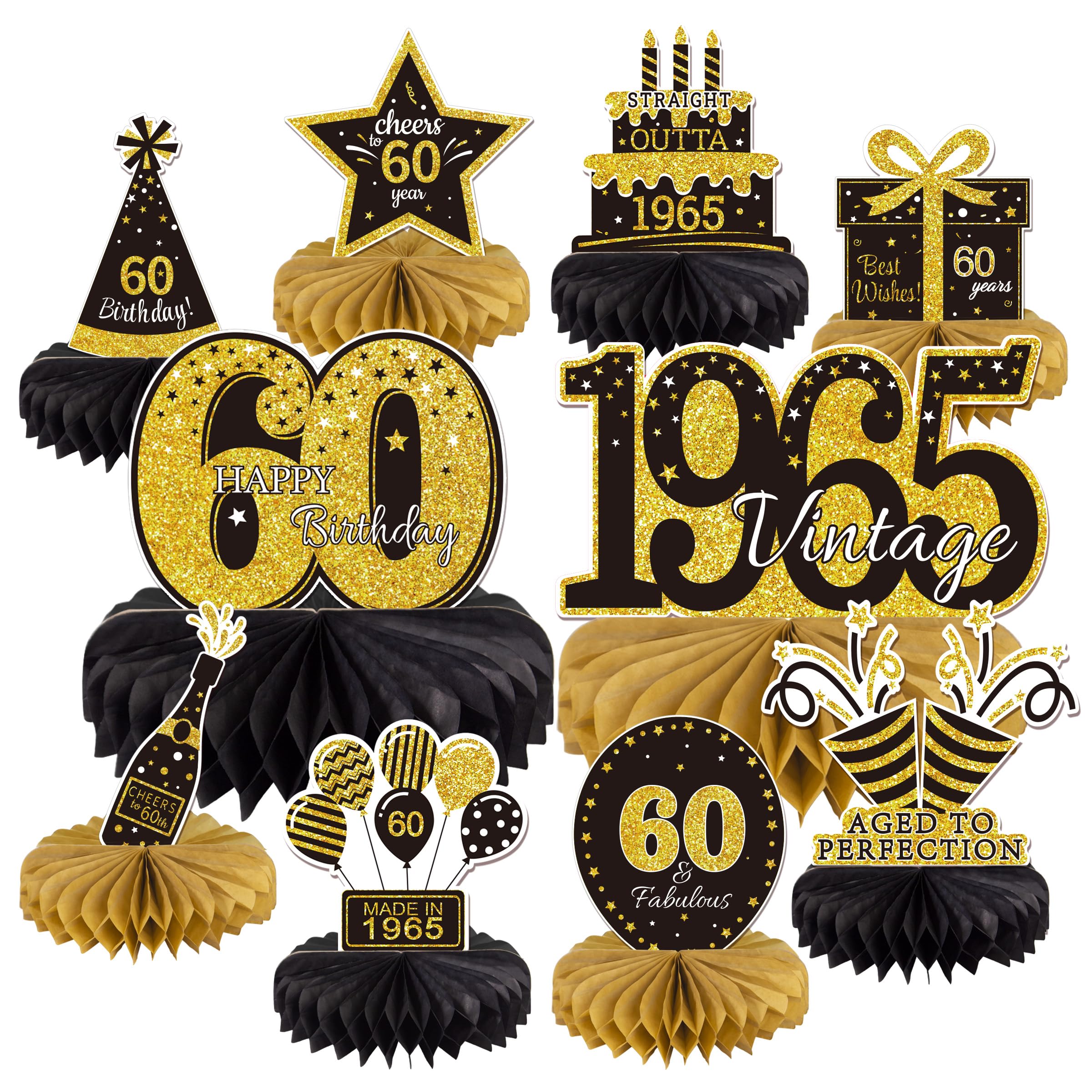 10PCS Vintage 1965 Honeycomb Table Toppers - 60th Birthday Party Decorations for Men & Women (Gold & Black) - Elegant Centerpieces for Table Decor - Perfect for 1965 Themed Parties, Anniversary Celebrations & Milestone Events