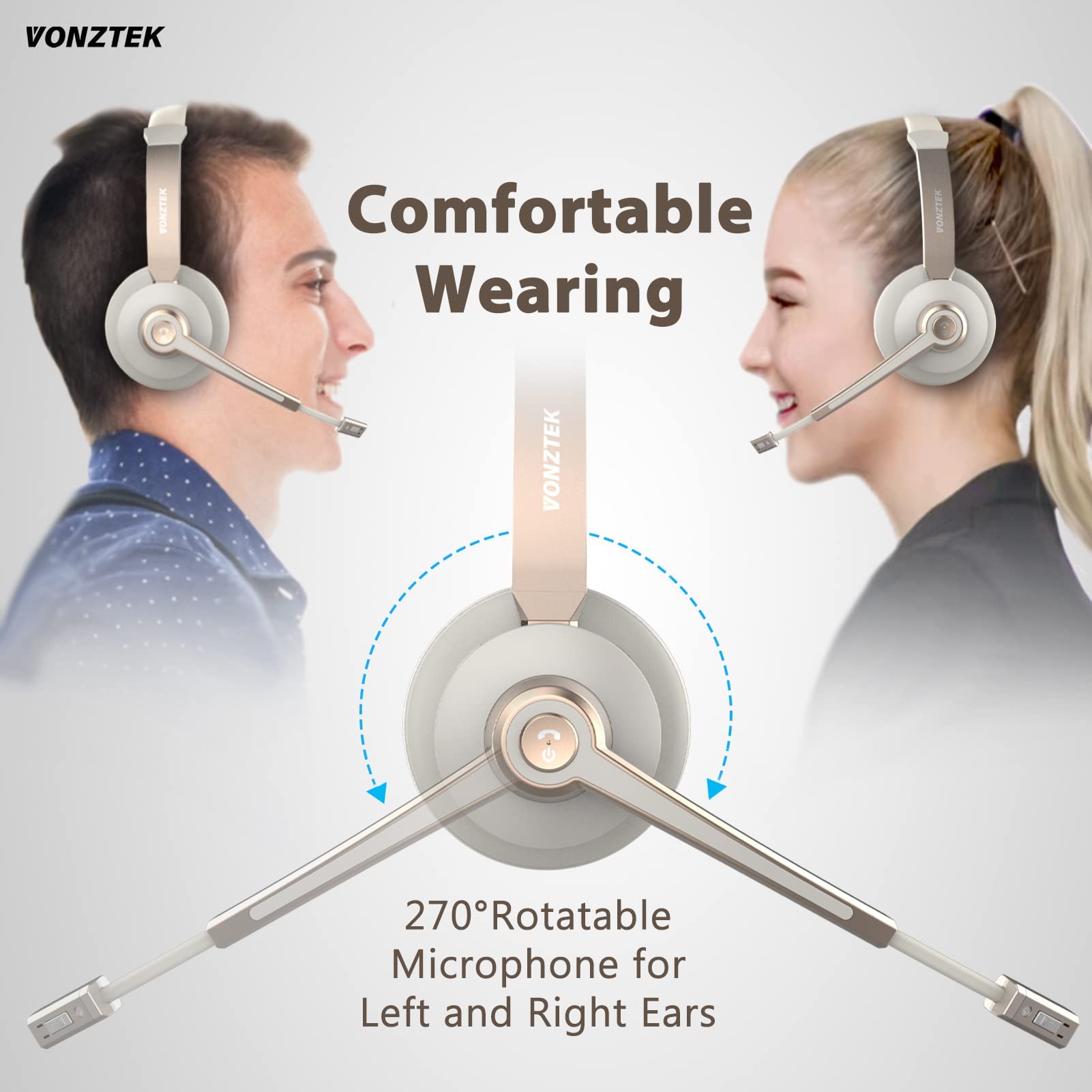 Wireless Bluetooth Headset with Noise Cancelling Microphone - 26 Hours Talk Time, On-Ear Headphones with Mic Mute Function for Mac, Laptop, Zoom, Teams - Perfect for Call Centers, Home Office, Remote Work & Online Meetings (Gold)
