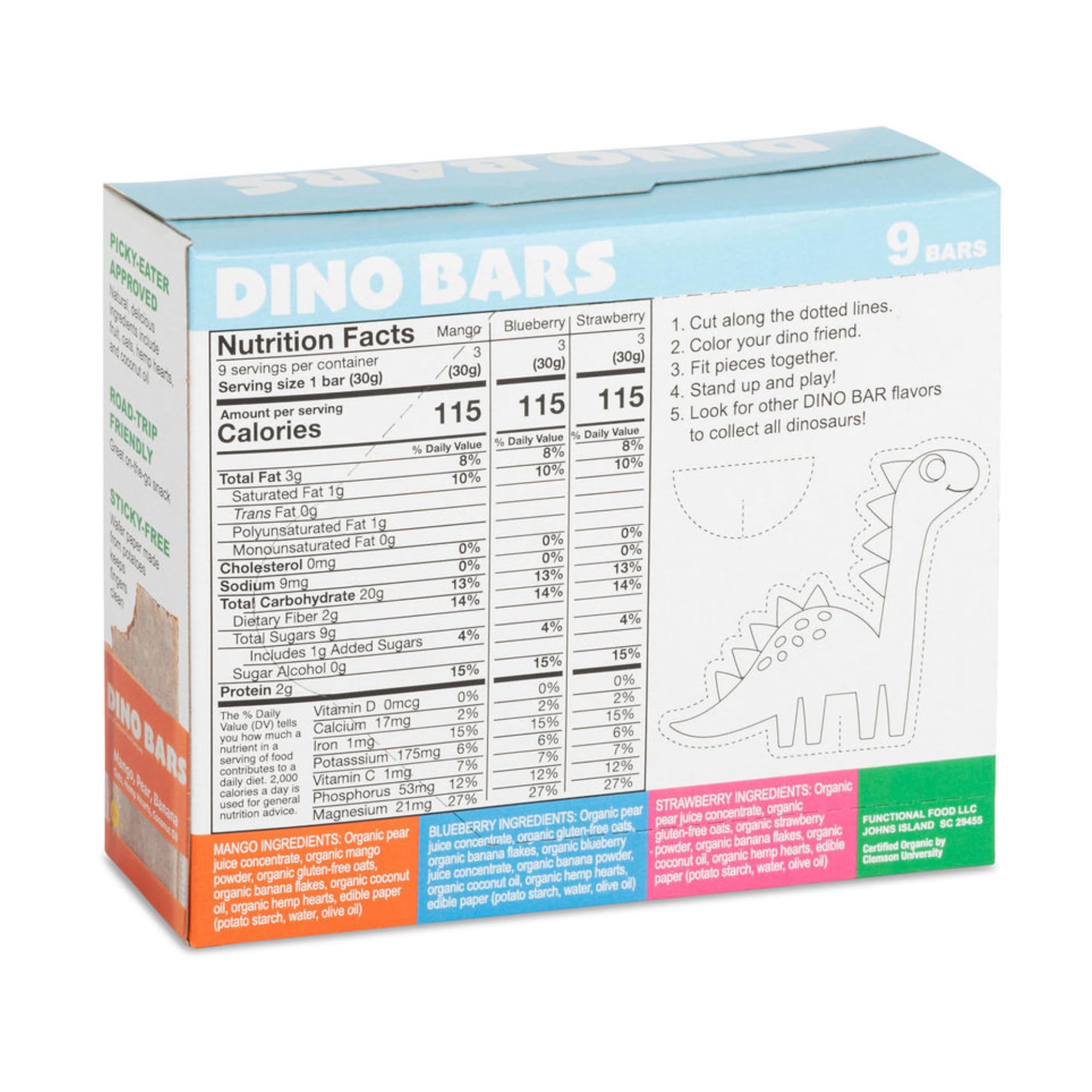 Organic Dino Bars for Kids - Healthy Dinosaur Snacks with Fruit, Oats, Hemp Hearts & Coconut Oil | Blueberry, Strawberry & Mango Flavored Toddler Bars | Edible Paper Wrapped | Variety 9 Pack for Ages 1+ | Perfect for School Lunches, Road Trips & On-the-Go Snacking