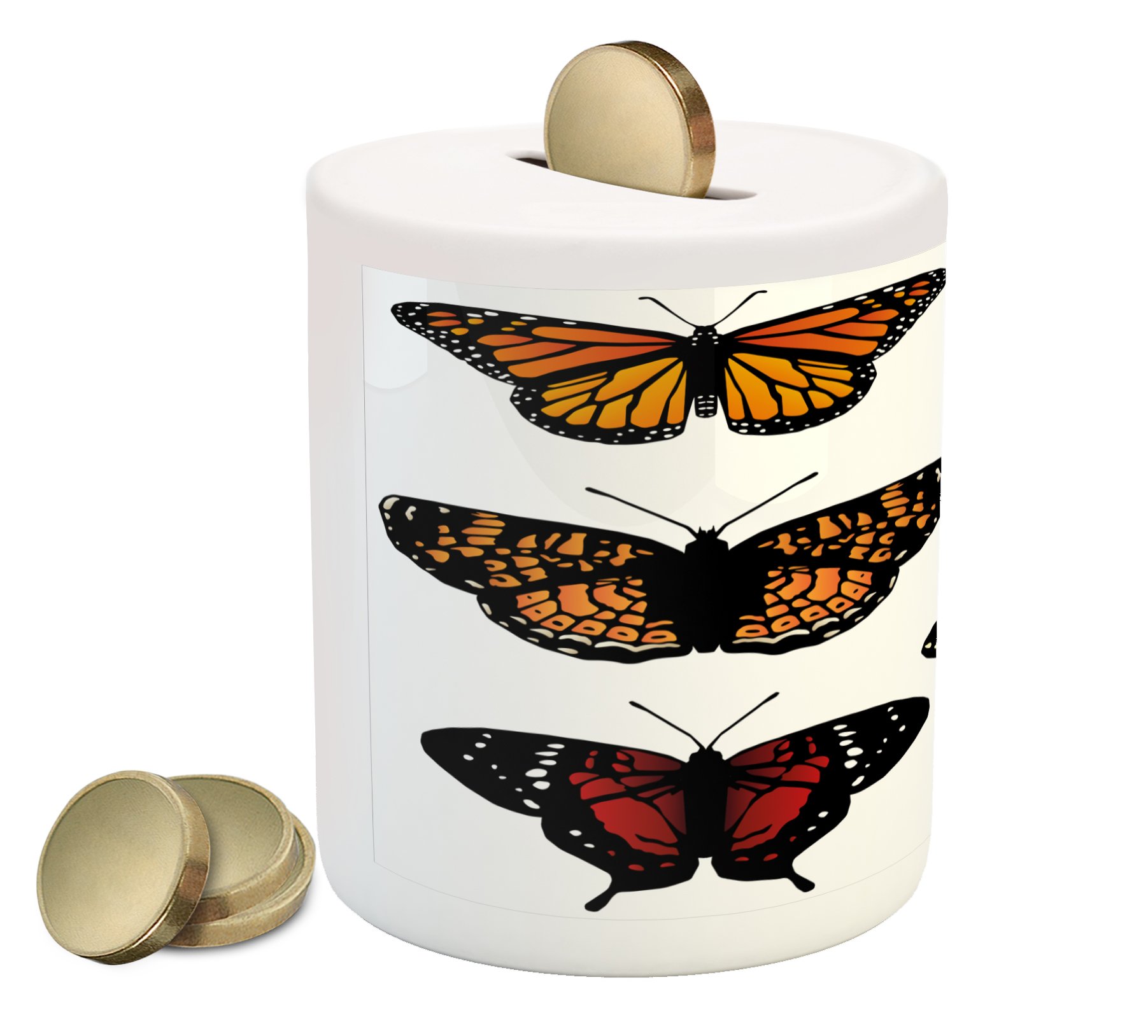 Ambesonne Colorful Ceramic Piggy Bank - Retro Monarch Wings Design, Abstract Art Money Box for Cash Saving, 3.6