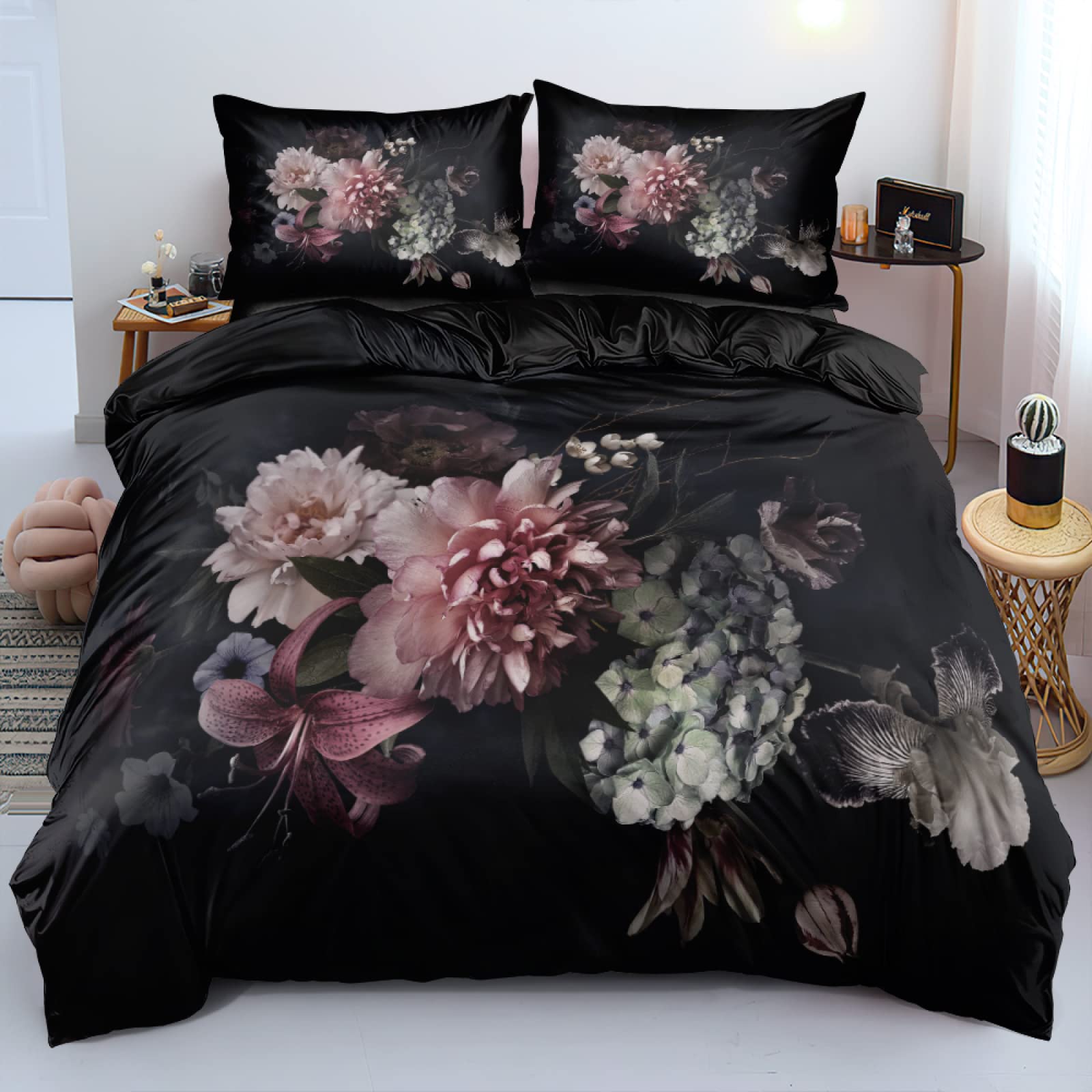 **King Size Black 3D Floral Print Duvet Cover Set with 2 Pillow Shams (20
