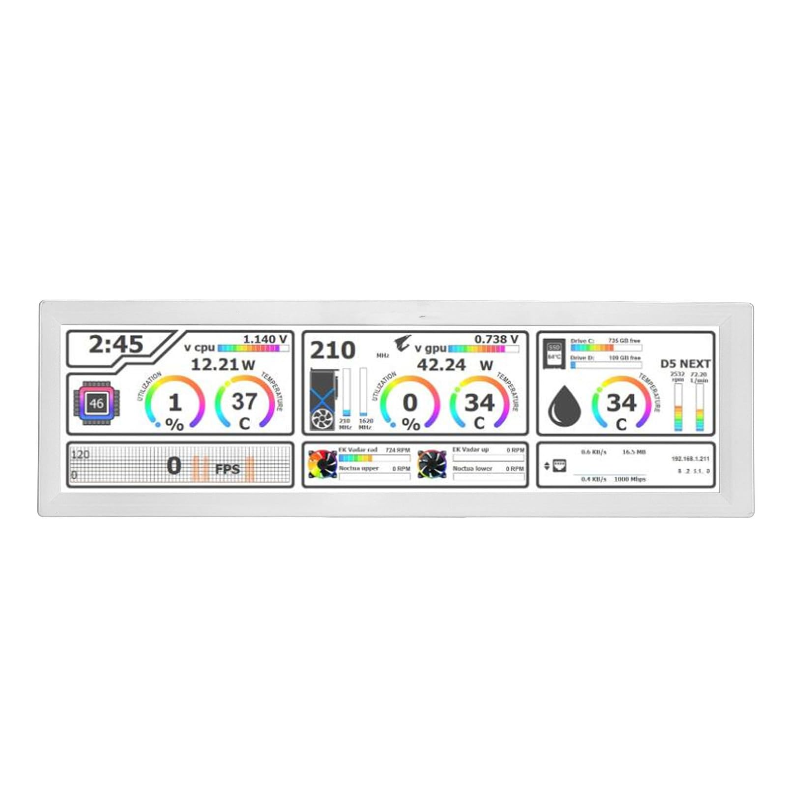 Jectse 8.8 Inch PC Temperature Monitor - Real-Time GPU, CPU, RAM, FPS & HDD Data Display with 360° Auto Rotation for Gaming PC Case - Customizable DIY Themes (White) - Perfect for Gaming Rigs, Workstations & PC Builds