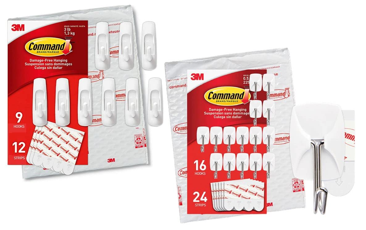 Command Wall Hooks Bundle - 16 Small Wire Toggle Hooks & 9 Medium Utility Hooks with Adhesive Strips - Heavy Duty Hanging Solution for Bathroom, Kitchen, Bedroom & Office Organization