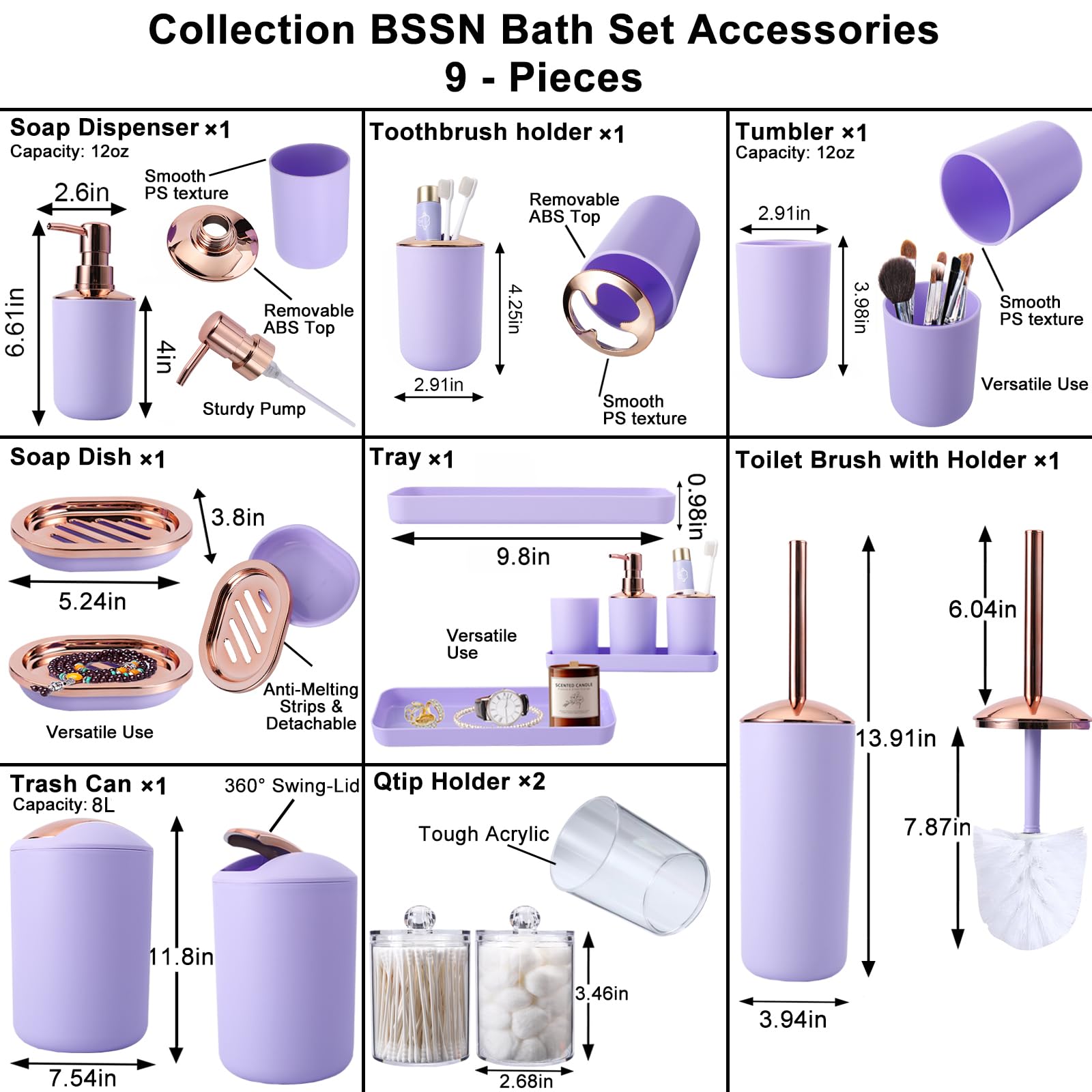 **9-Piece Purple Bathroom Accessories Set - Trash Can, Soap Dispenser, Soap Dish, Toilet Brush with Holder, Toothbrush Holder, Tumbler Cup, Tray & Q-Tip Holders - Perfect for Modern Bathroom Decor & Organization**