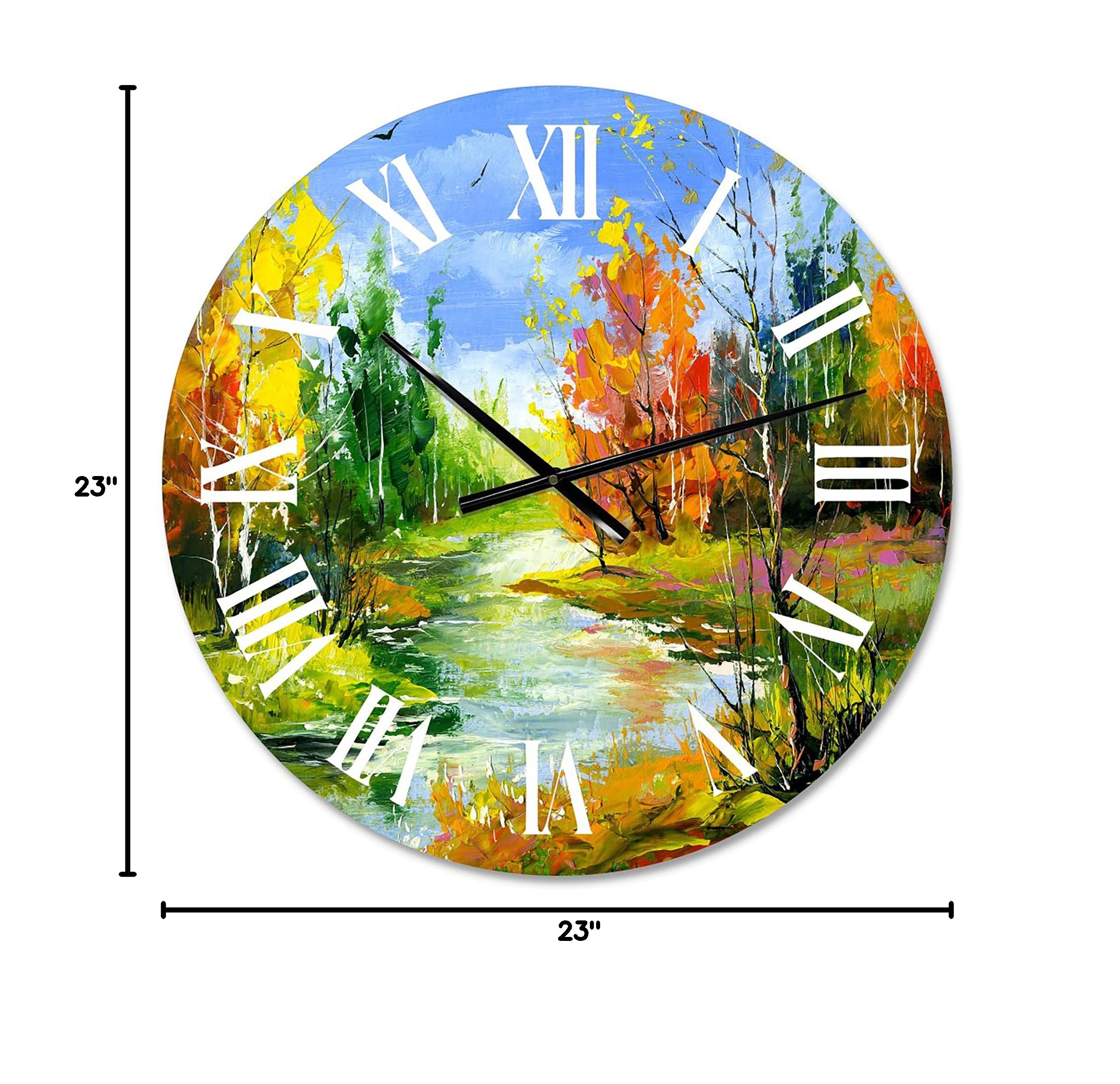 DesignQ Lake House Wall Clock 'Autumn Landscape with The Wood River' - Large Nature-Inspired Wall Clock for Kitchen, Living Room, Bedroom & Office Decor - Perfect Rustic Home Décor Gift