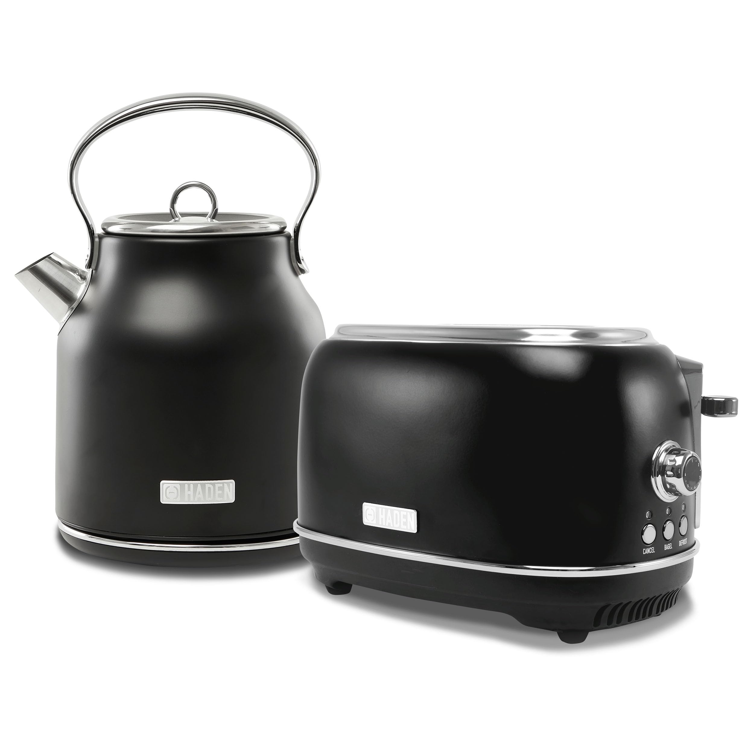 Haden Heritage 2 Slice Wide Slot Stainless Steel Toaster with 1.7L Electric Kettle Set - Black & Chrome for Breakfast & Kitchen Countertop