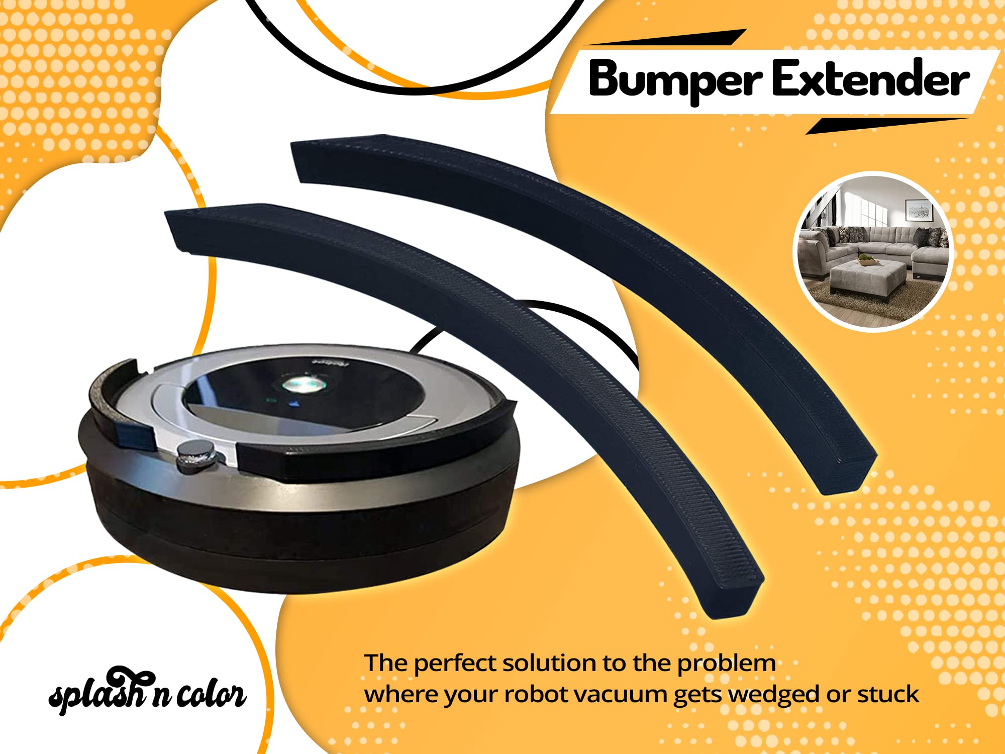 SplashNColor Bumper Extender for Roomba & Eufy Robot Vacuums - Anti-Stuck Height Adjustable Universal Fit - Perfect for Hardwood Floors, Carpets & Pet Hair Cleaning