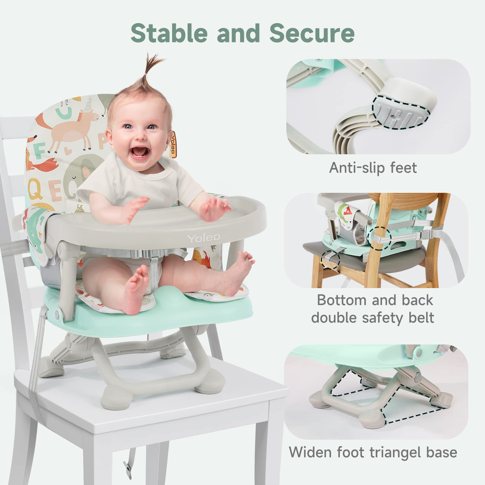 YOLEO Adjustable Baby Booster Seat with Removable Tray - Portable Foldable High Chair for Toddlers & Infants - Easy to Clean Travel Dining Seat for Home, Restaurant & Outdoor Use (Green)