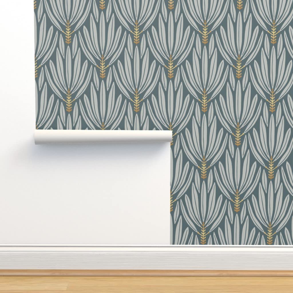Removable Wallpaper Swatch - Gray Leaves Gold Art Deco Leaf Damask Palms Custom Pre-Pasted Wallpaper | Peel & Stick Wall Decor for Bedroom, Living Room, Nursery & Office by Spoonflower