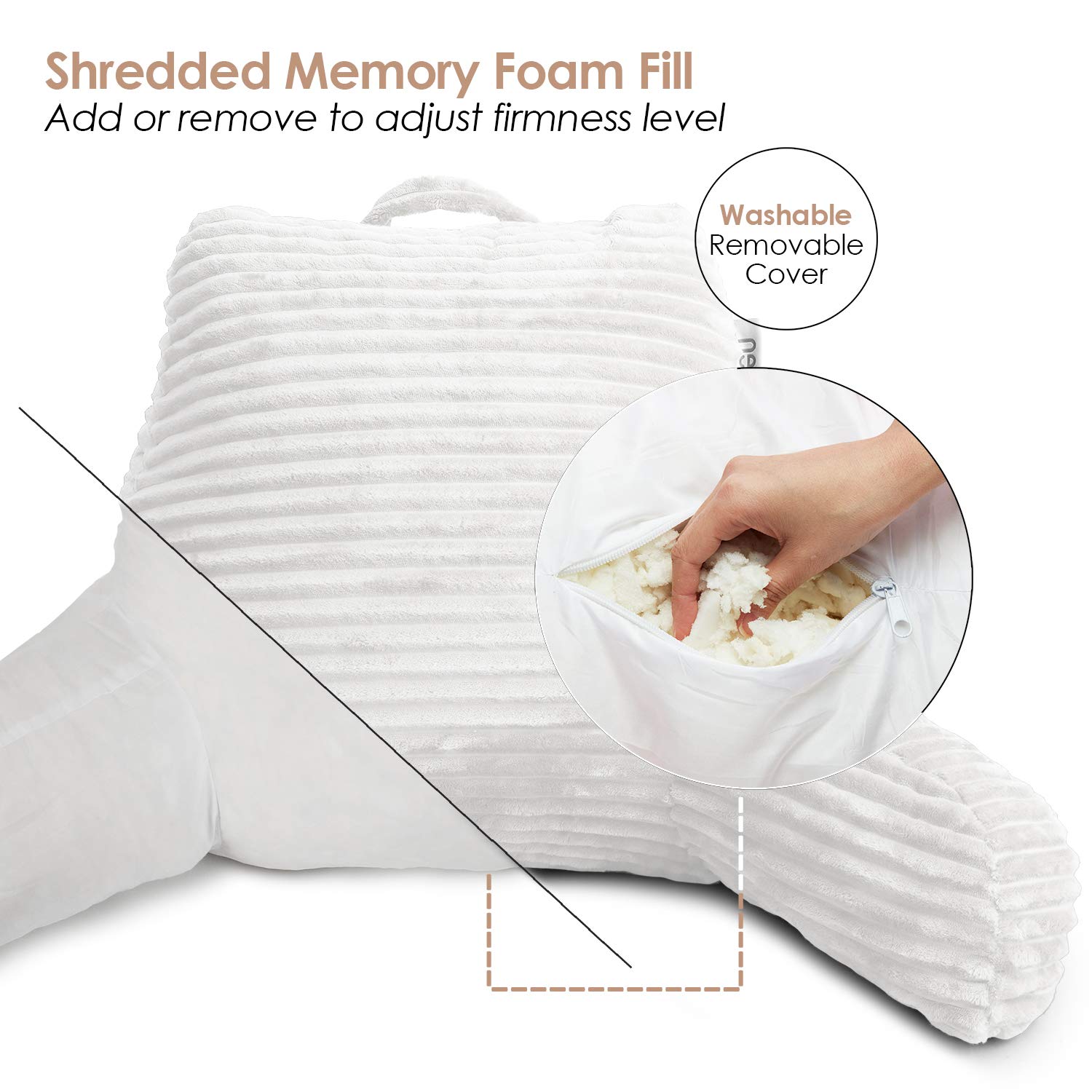 Nestl Reading Pillow for Adults - Plush Back Support Pillow with Shredded Memory Foam, Armrests & Storage Pockets - Perfect for Reading in Bed, Watching TV or Relaxing - White Bed Rest Pillow