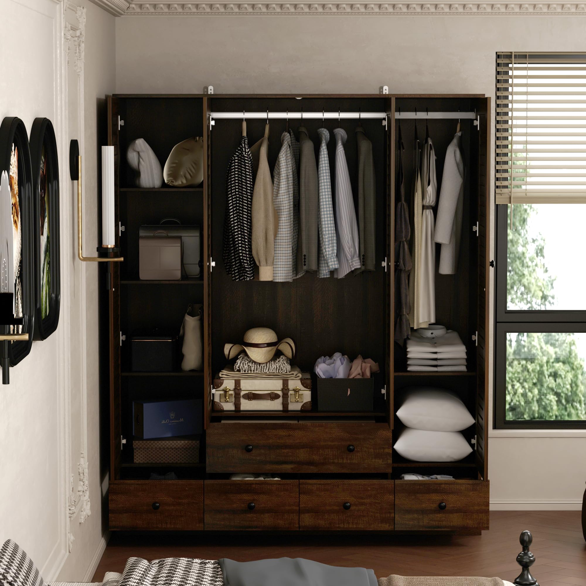 MOUMON 4-Door Wardrobe Closet with Shelves & 5 Drawers - Freestanding Armoire with 2 Hanging Rods for Bedroom, Living Room or Dorm - Espresso Brown (59