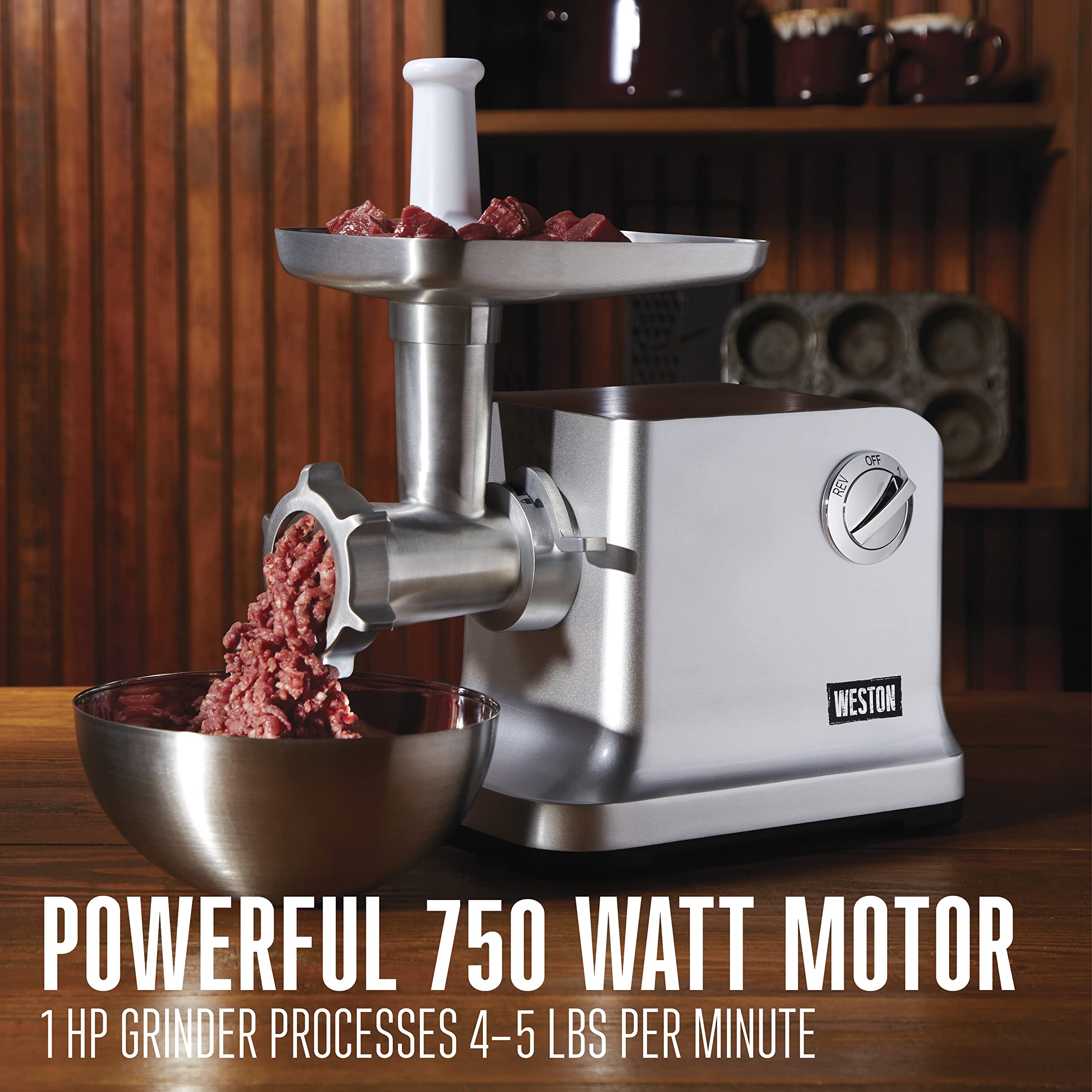 Weston Electric Meat Grinder & Sausage Stuffer - 750W #12 Heavy Duty 1HP Motor, 4 lbs/min Grinding Capacity with Stainless Steel Plates & Die-Cast Aluminum Body (Model 33-1301-W) - Perfect for Home Butchering, Sausage Making & Food Prep