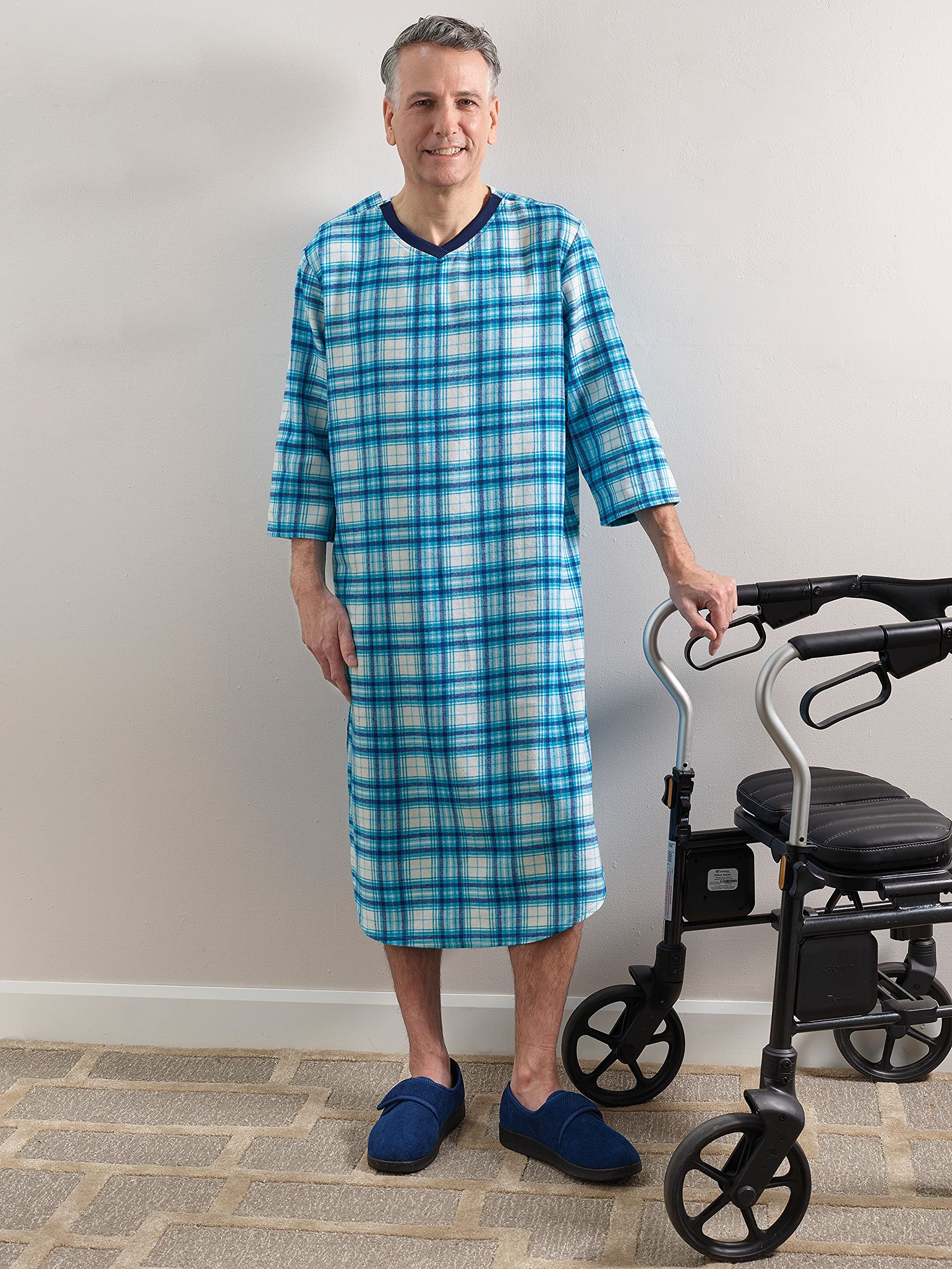 Adaptive Open Back Flannel Nightgown for Elderly Men - Snap Closure Nightgown with Dome Fastener | Comfortable Sleepwear for Seniors & Post-Surgery Recovery