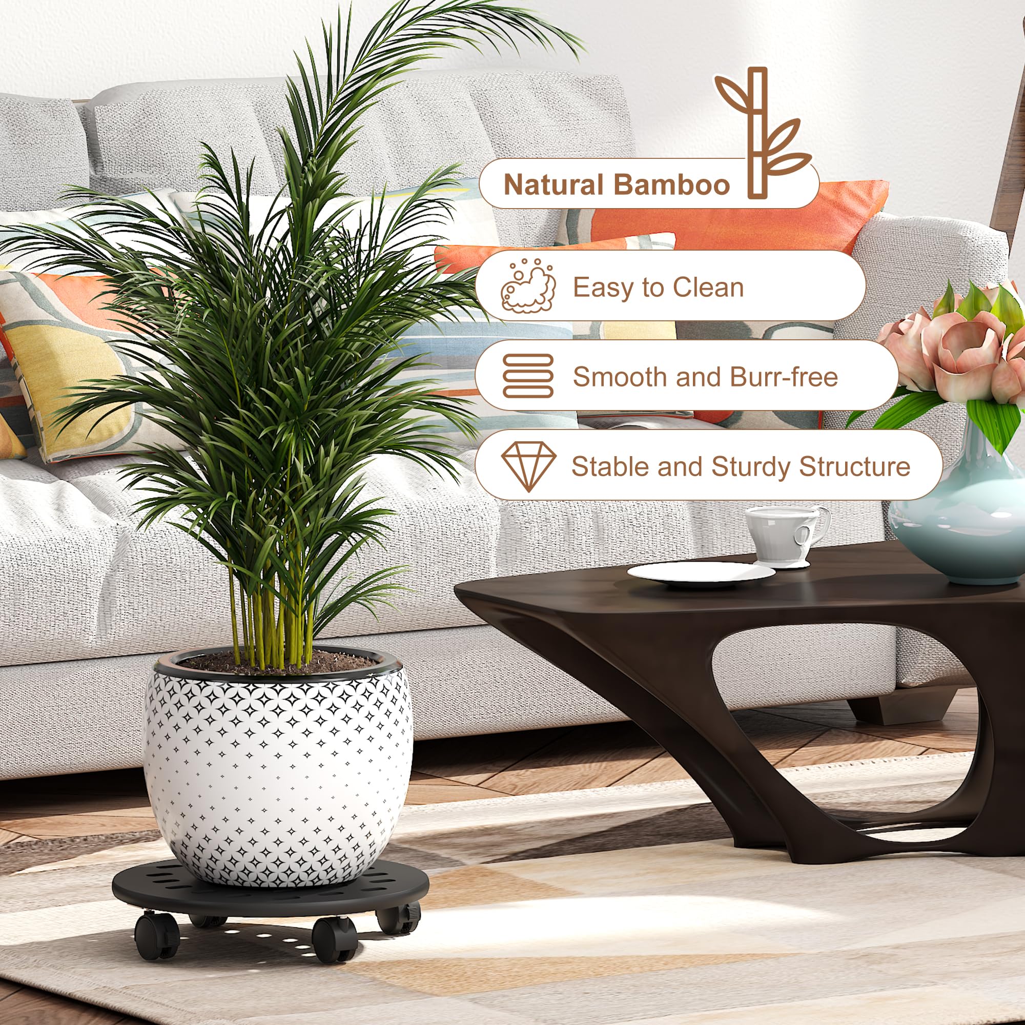 FILWH 13 Inch Bamboo Plant Stand with 360° Lockable Wheels - 2 Pack Indoor/Outdoor Plant Caddy, Corner Display Shelf for Home Decor, Garden, Office, Balcony (Black)